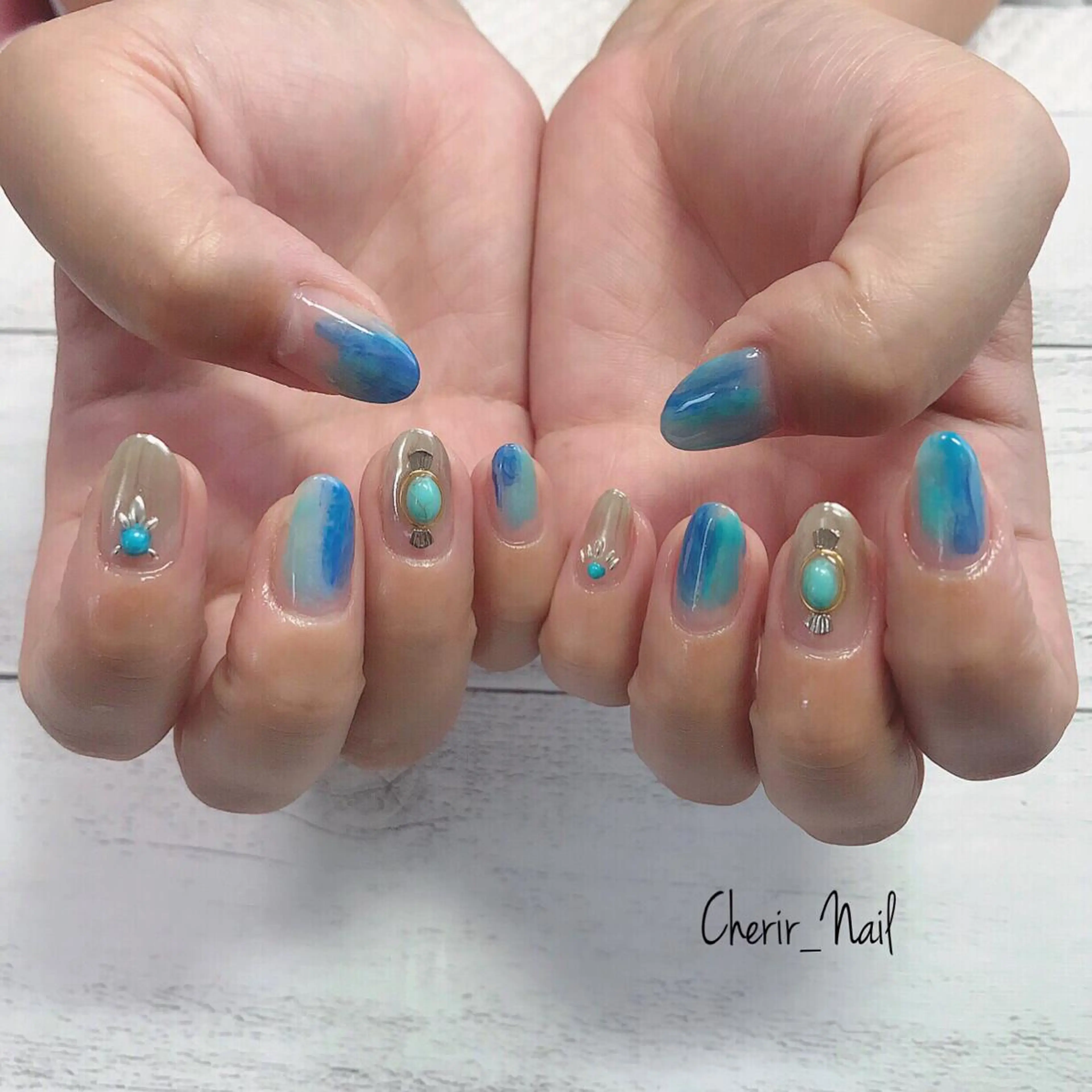 ネイル ブルー カジュアル クリアネイル グラデーション 大理石ネイル(マーブル) Cherirnail kaoriのネイルデザイン