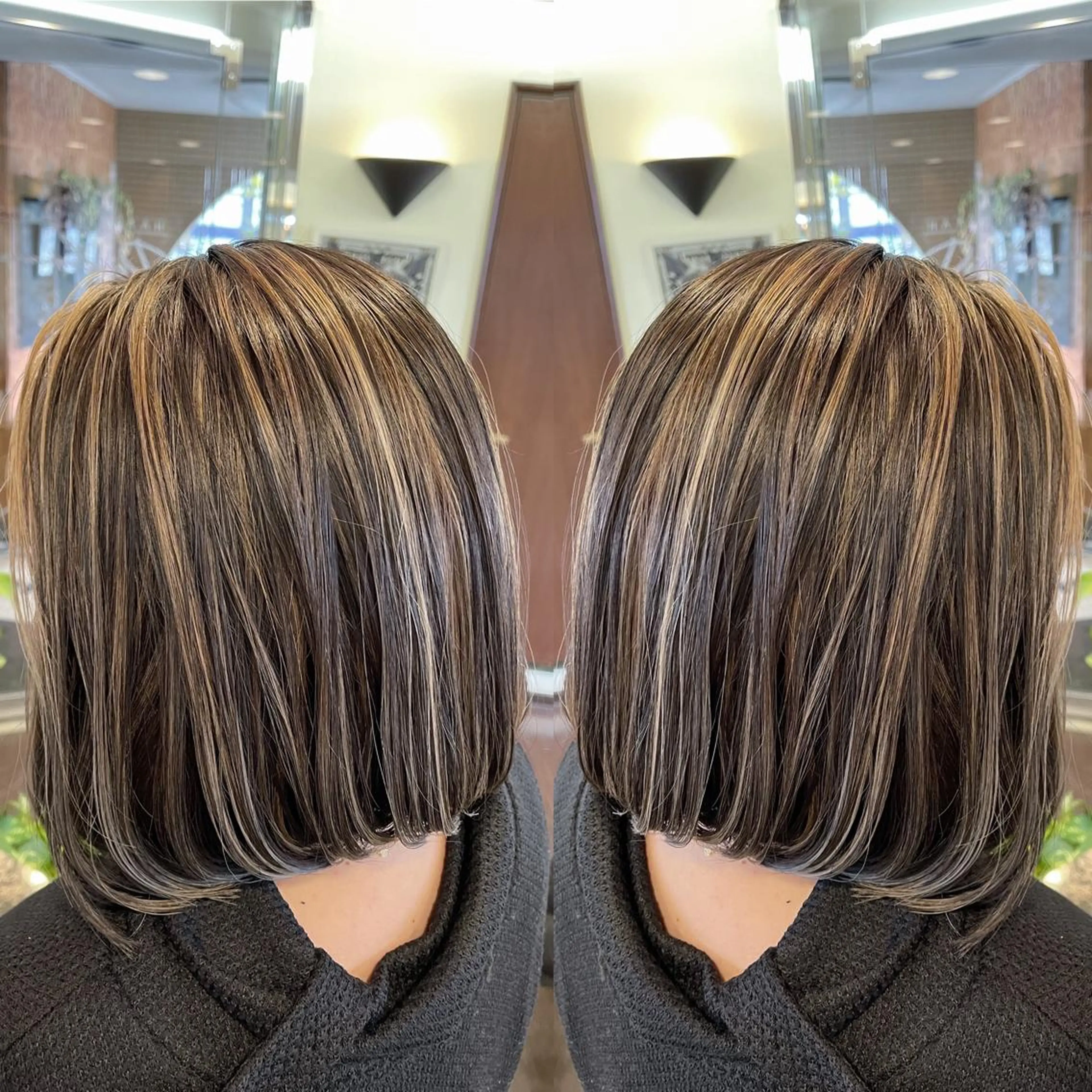 ミディアム カラー ハイライトカラー ボブ ハイライト 堀江/レイヤーカット 𝒀𝑼𝑻𝑶のヘアスタイル