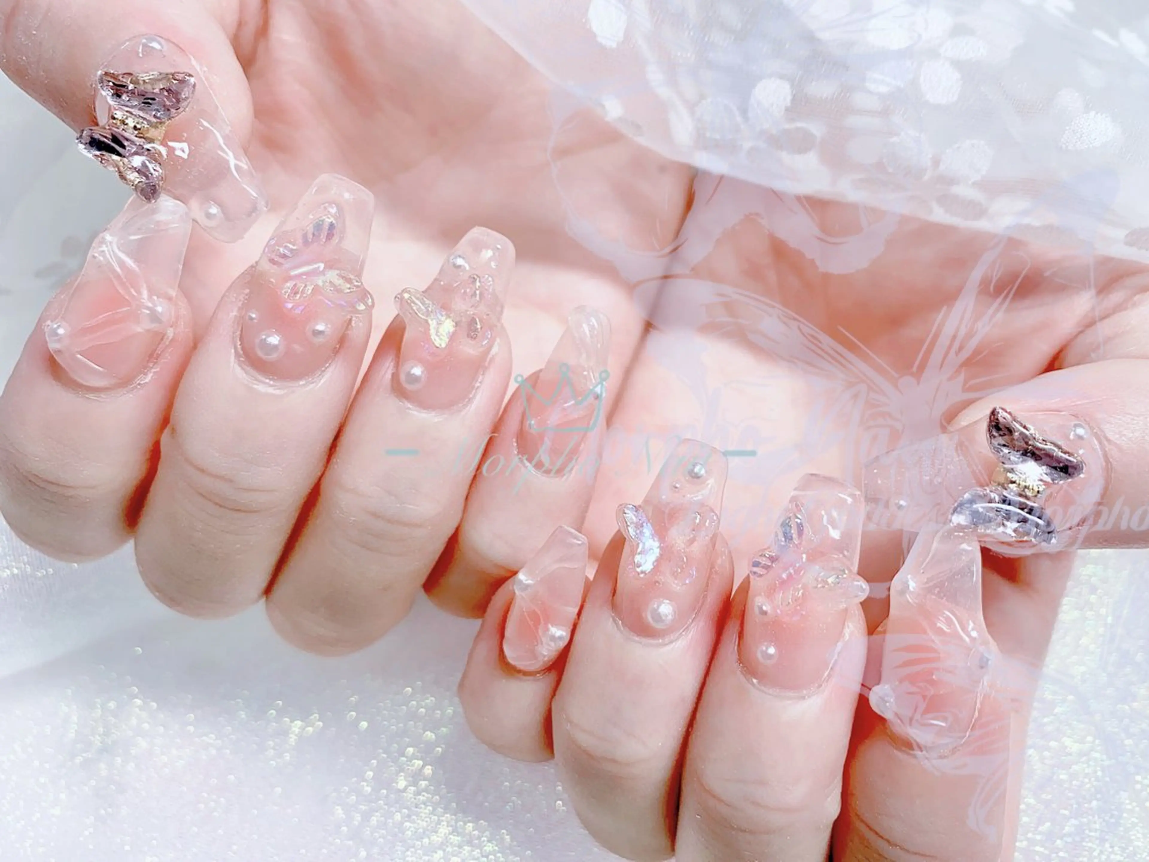 ネイル 長さ出し ジェルネイル キラキラネイル 大理石ネイル(マーブル) ニュアンスネイル ハンドネイル Morpho nailのネイルデザイン