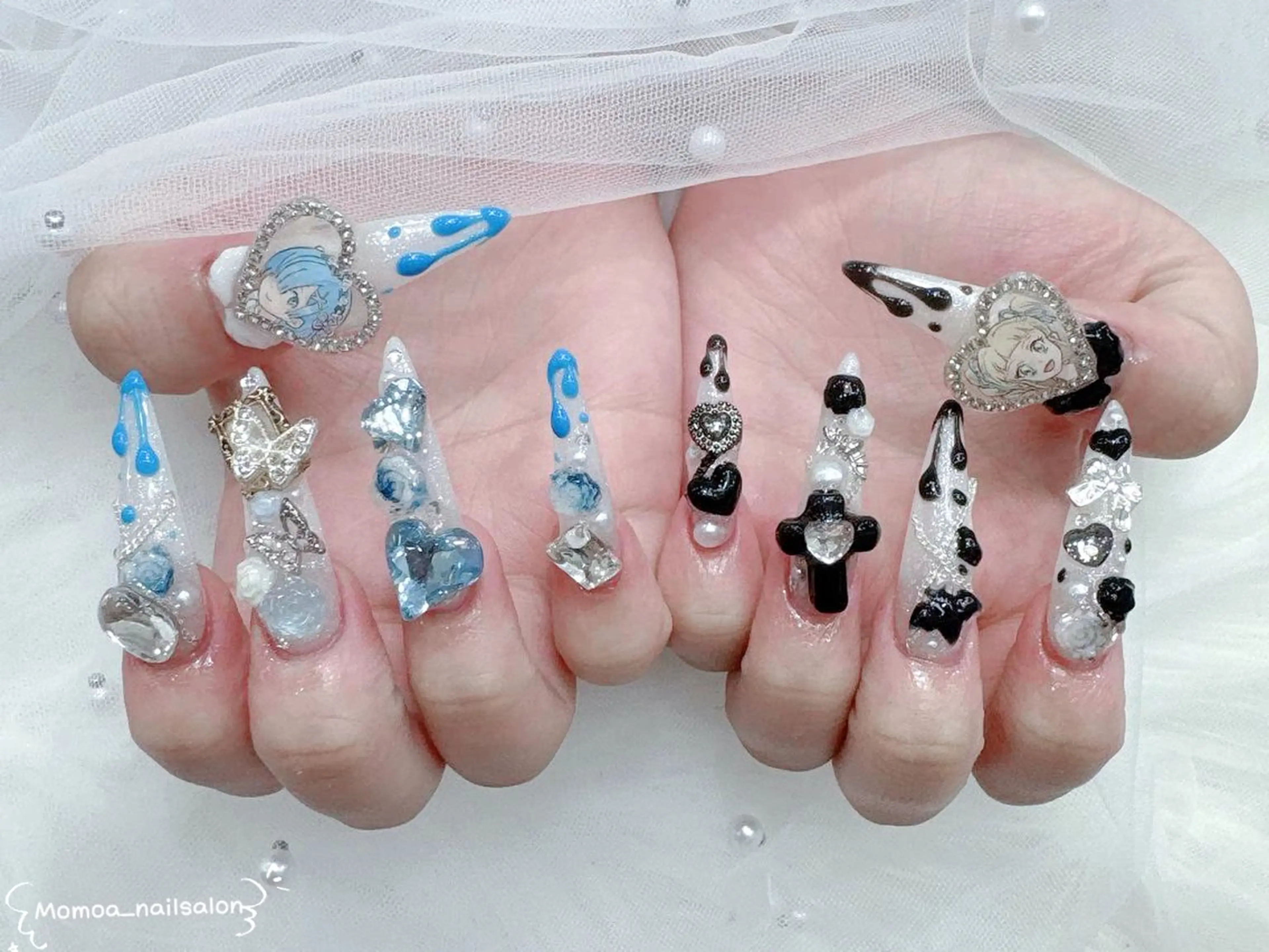 ネイル 成人式 ロングネイル マグネットネイル 大理石ネイル(マーブル) 持ち込み ハンドネイル MoMoA Nail ネイル長さ出し専門店のネイルデザイン