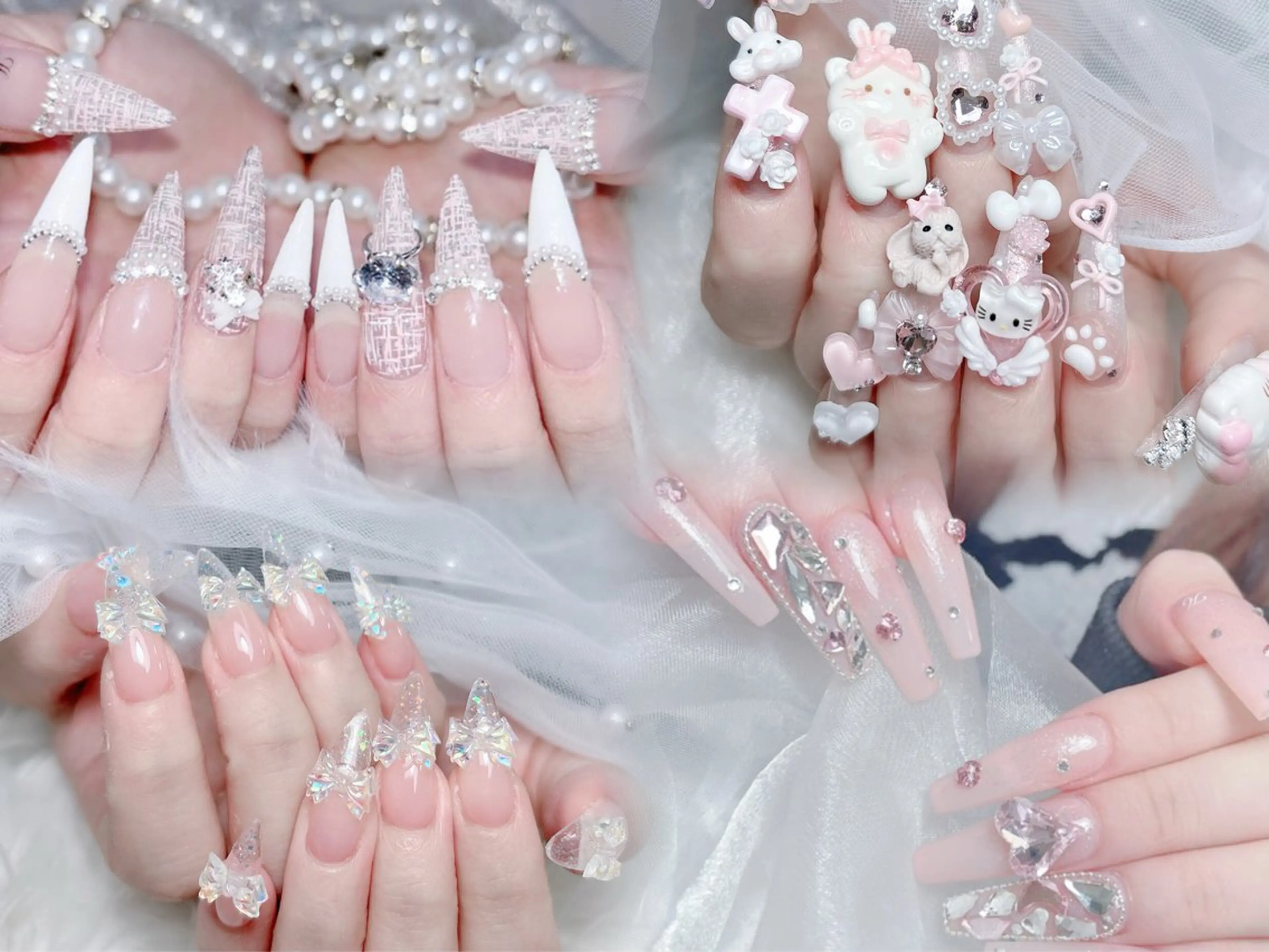 ネイル 成人式 ロングネイル マグネットネイル 大理石ネイル(マーブル) リボン ハンドネイル MoMoA Nail ネイル長さ出し専門店のネイルデザイン