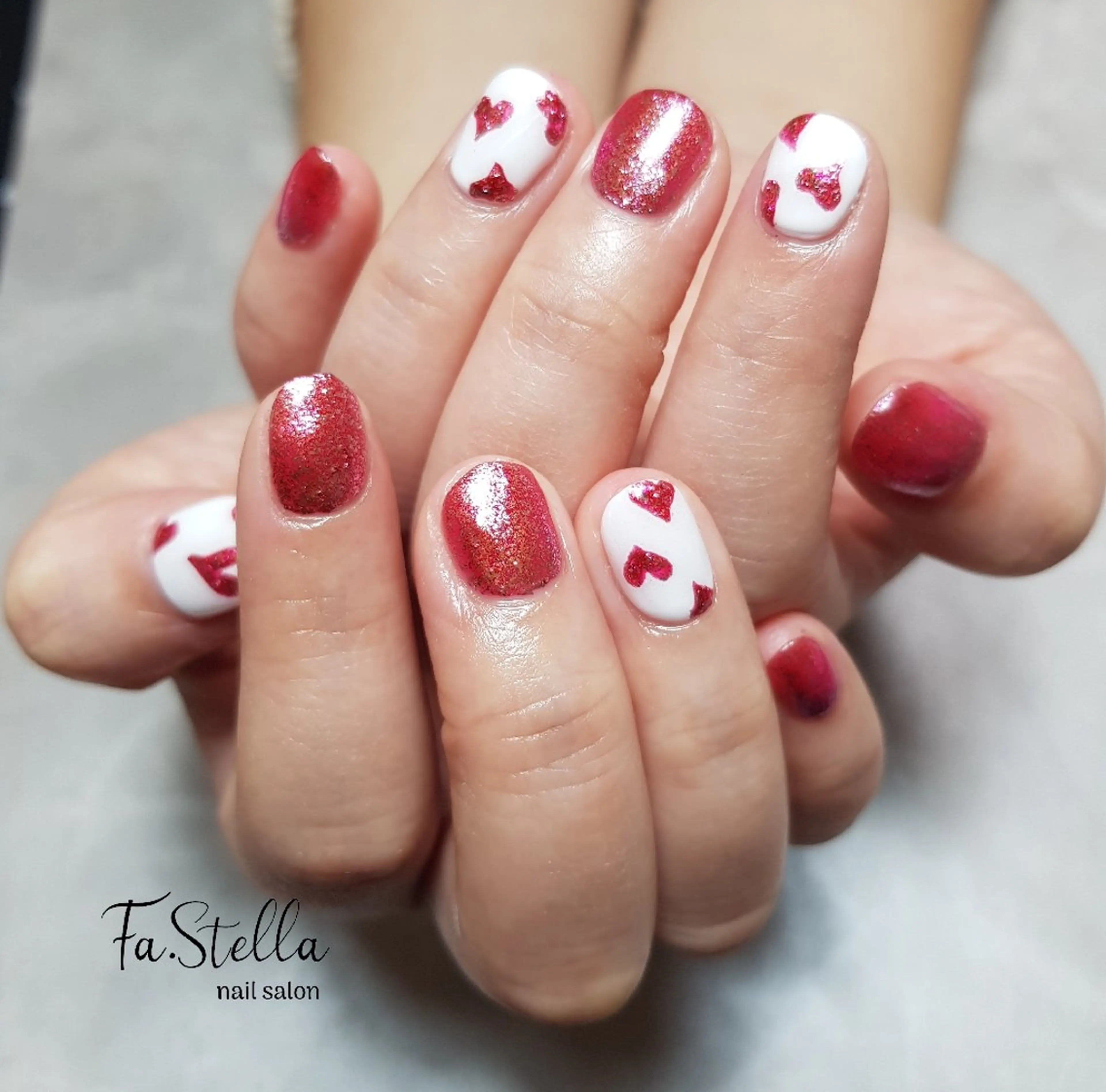 ネイル ジェルネイル ハート ラメ(グリッター) パラジェル 赤色 ハンドネイル Fa.Stella ファステラ のネイルデザイン