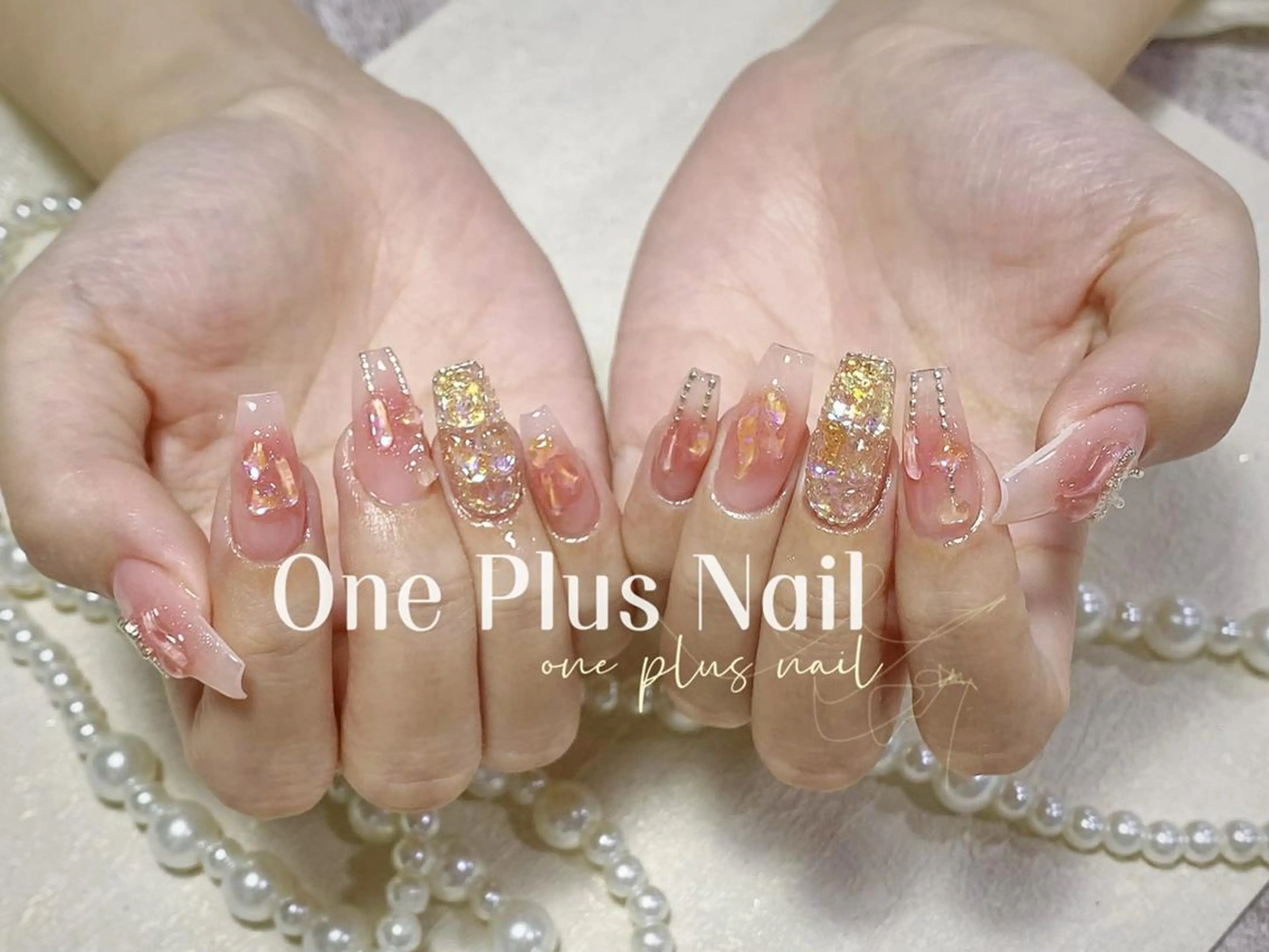 ネイル ハート キラキラネイル 韓国ネイル ロングネイル 持ち込み One Plus Nail Salonのネイルデザイン