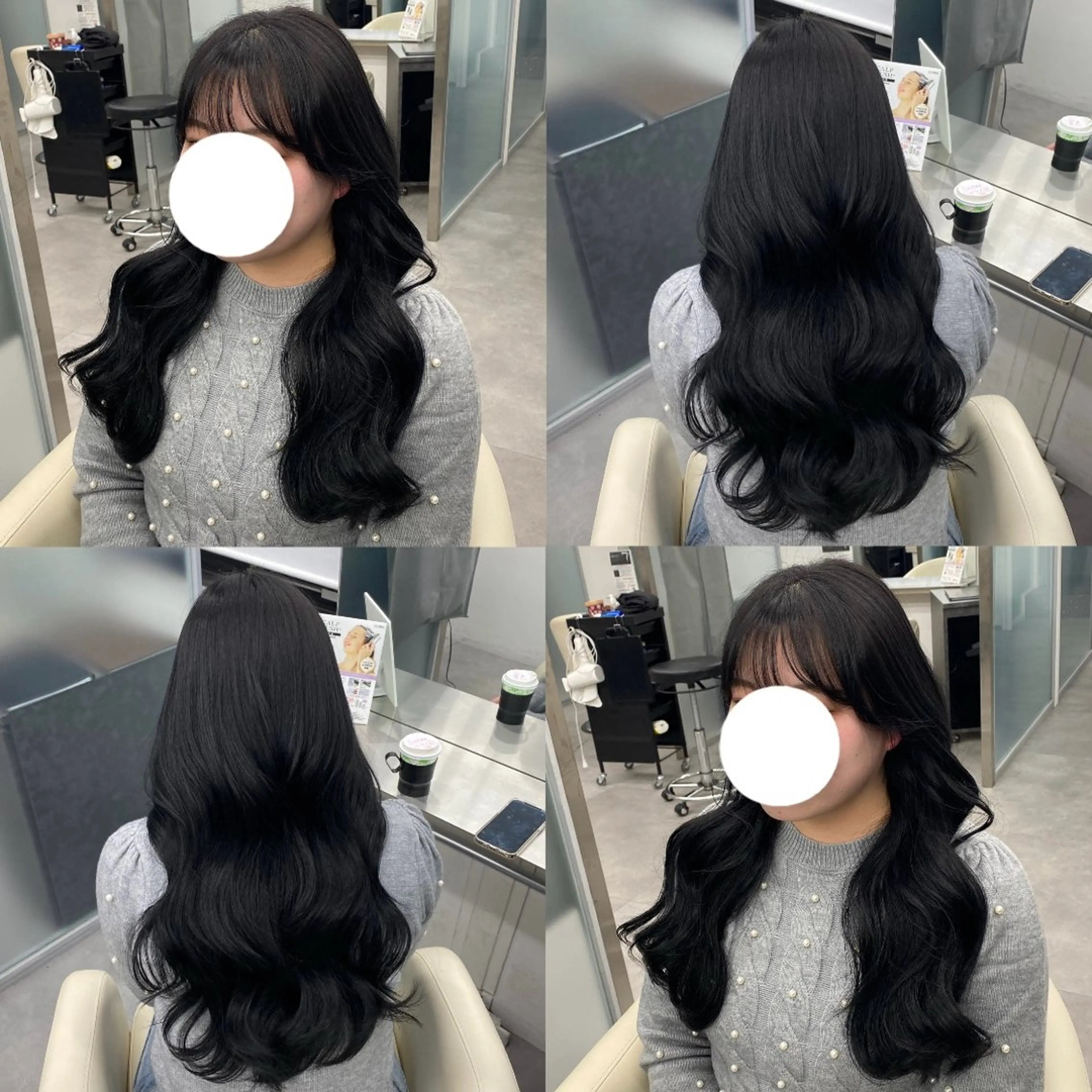 ロング カラー 黒髪 ブルーカラー ブルーブラック くびれヘア 韓国風ヘア 江坂トレンド韓国風 髪質改善shinoのヘアスタイル