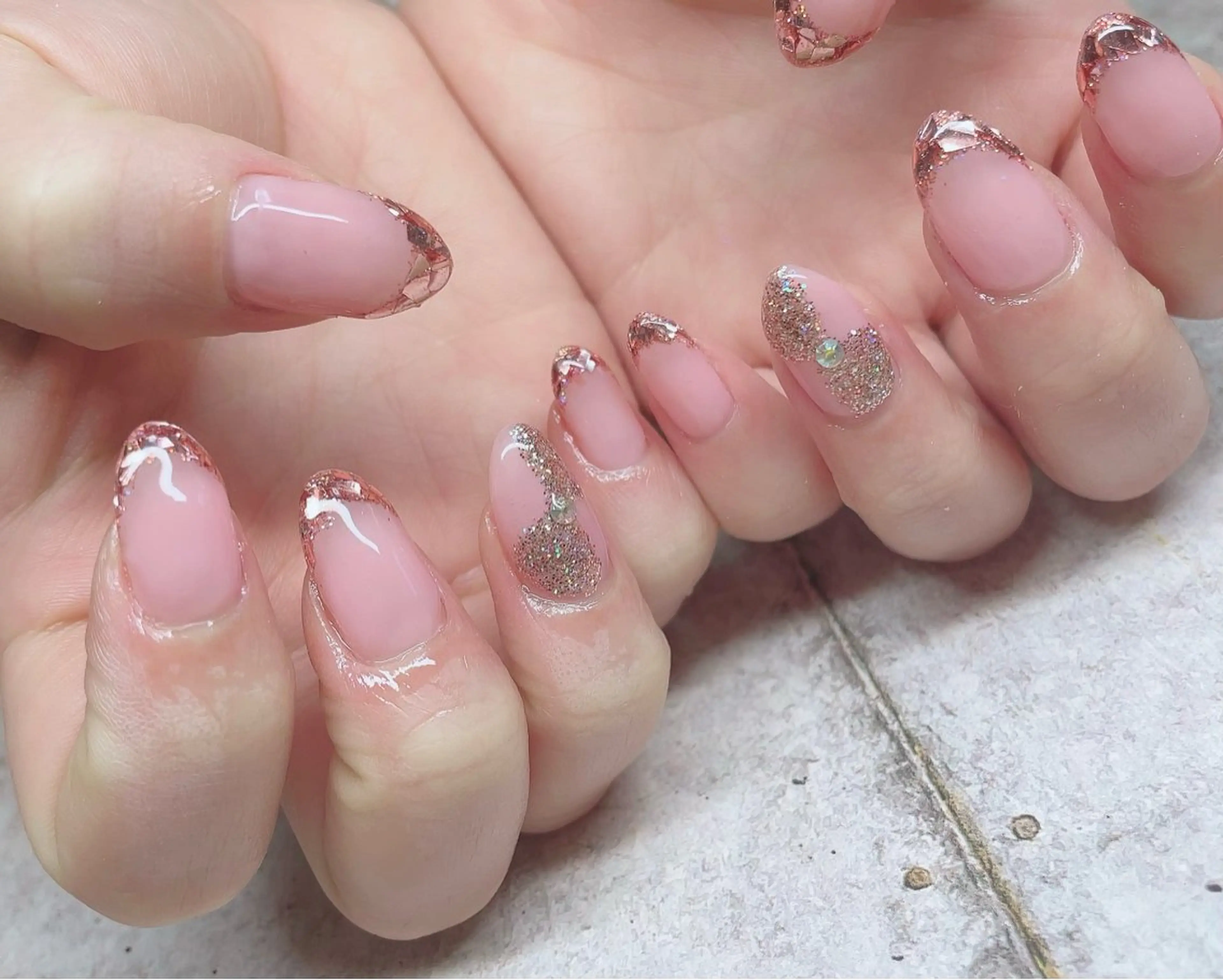 ネイル フレンチネイル ガラスフレンチ ピンク リボン ハンドネイル Nail_by N1のネイルデザイン