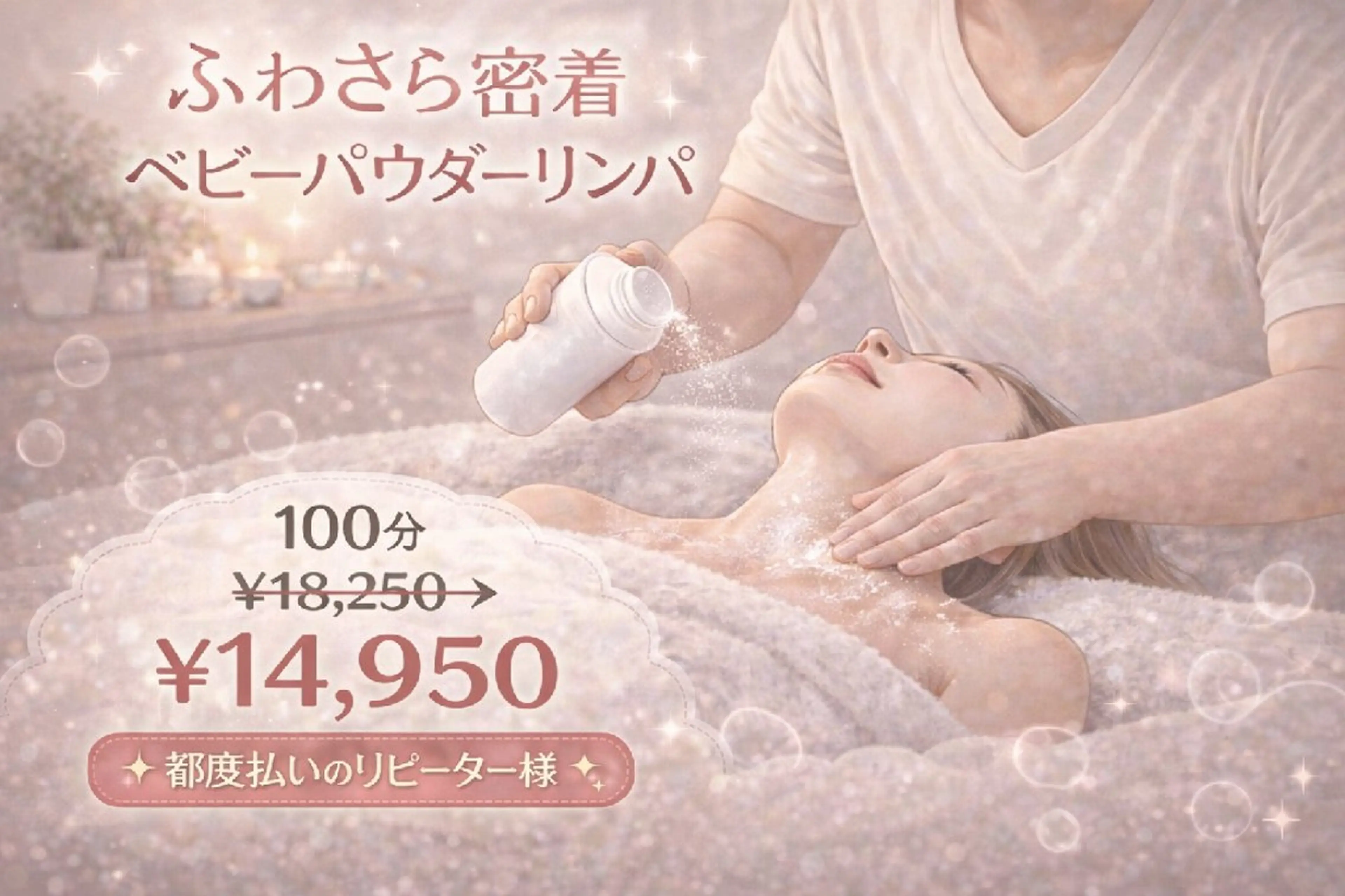 【再来｜都度払い】💖ふわさら優しく包むベビーパウダーリンパ💖100分￥18,250→￥14,950の写真