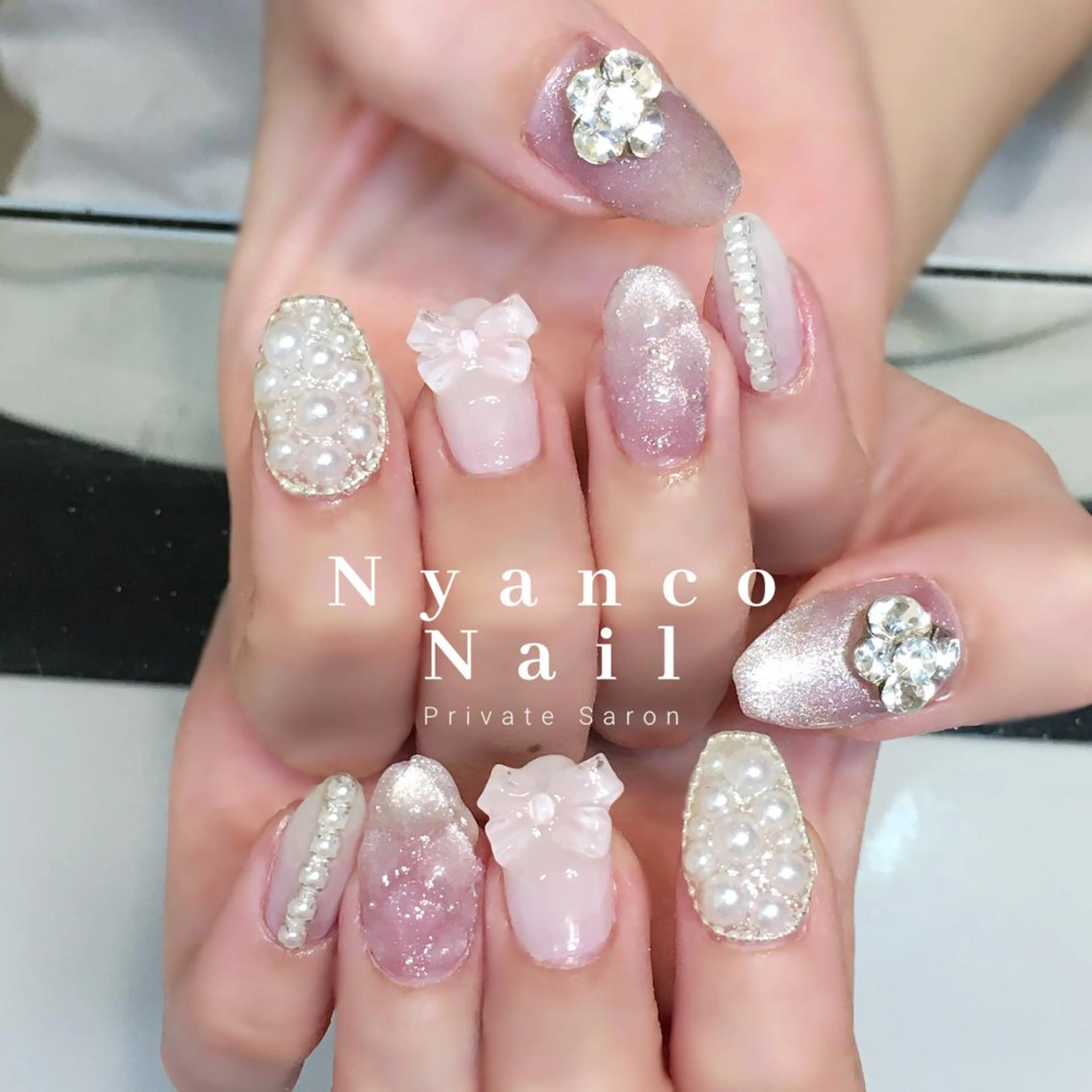 ネイル ジェルネイル 韓国ネイル マグネットネイル ピンク リボン Nyanco Nailのネイルデザイン