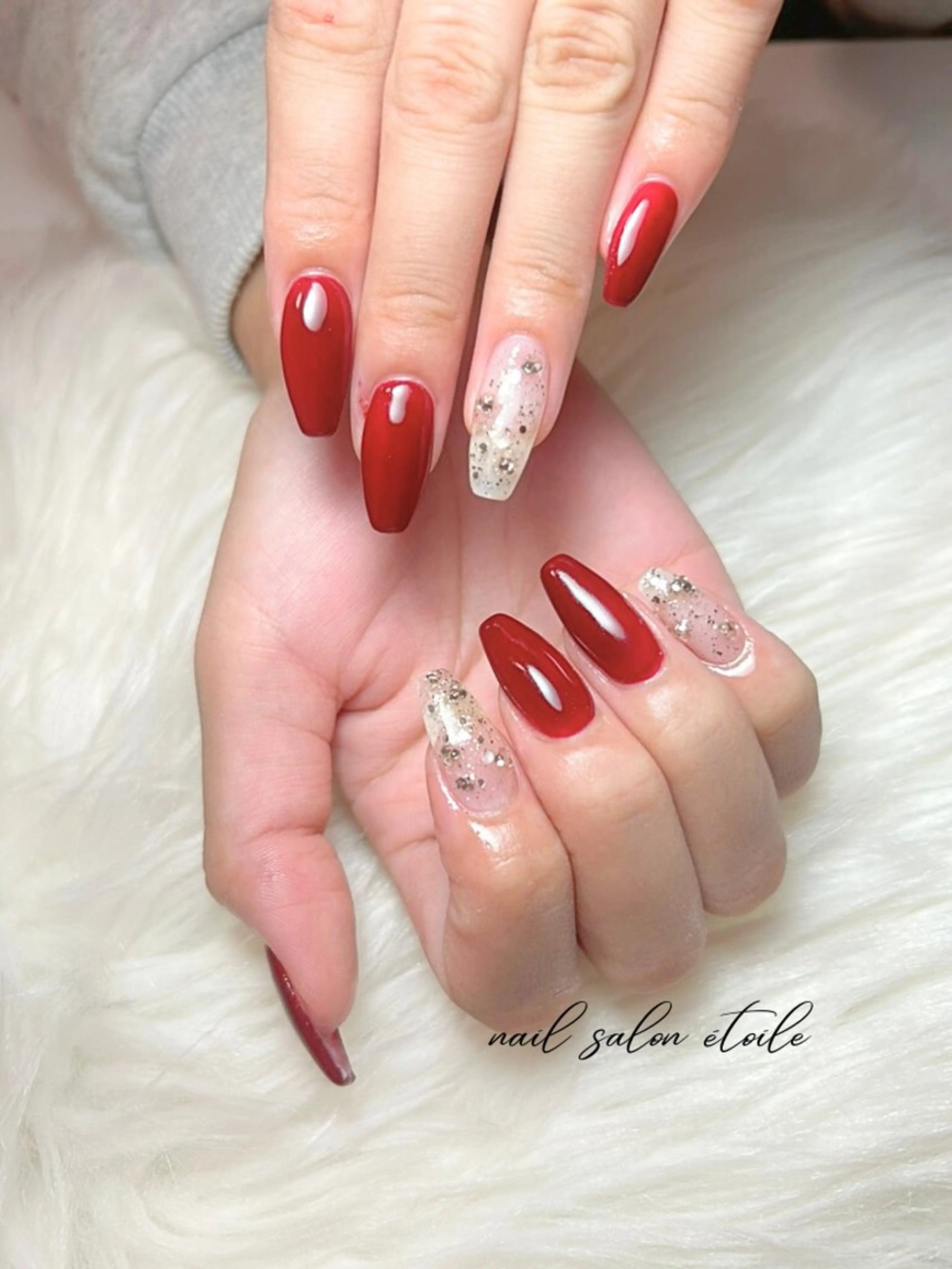 ネイル アートネイル ボルドー ラメ(グリッター) ロングネイル 赤色 ハンドネイル nail salon étoileのネイルデザイン