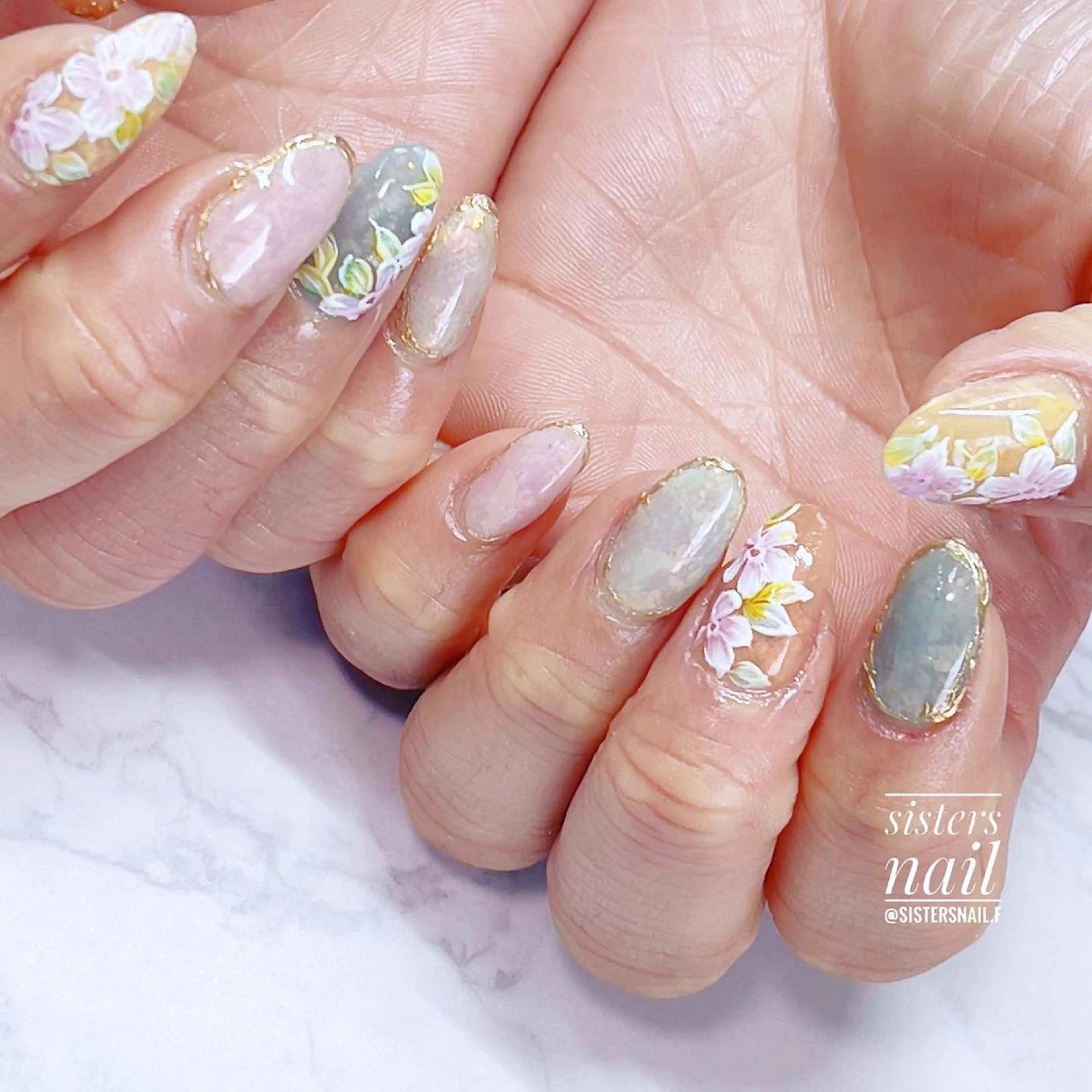 ネイル アートネイル オーロラネイル フラワーネイル キラキラネイル パステルネイル sisters nail.fのネイルデザイン