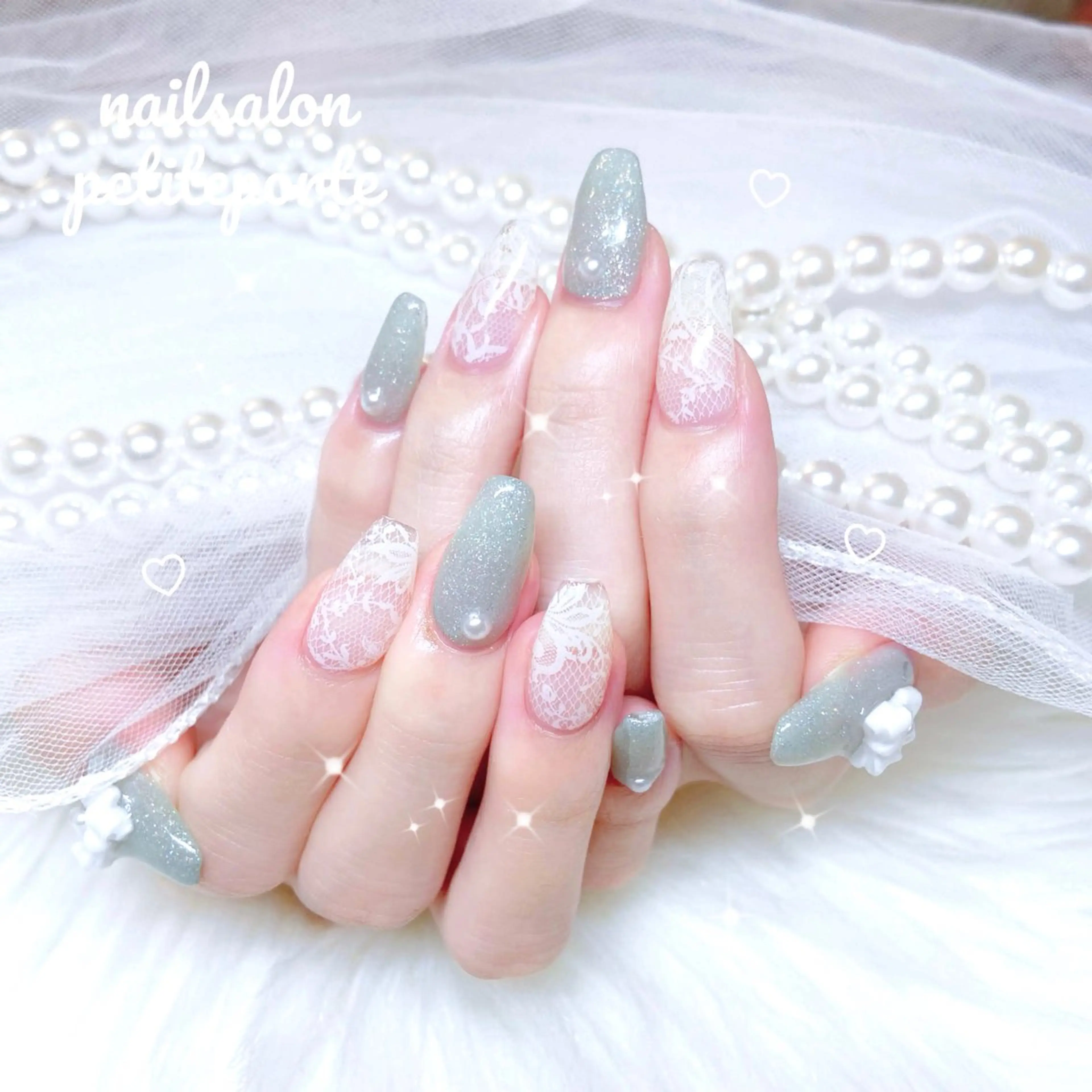 ネイル グリーン レース オフィスネイル ハンドネイル petite porteのネイルデザイン