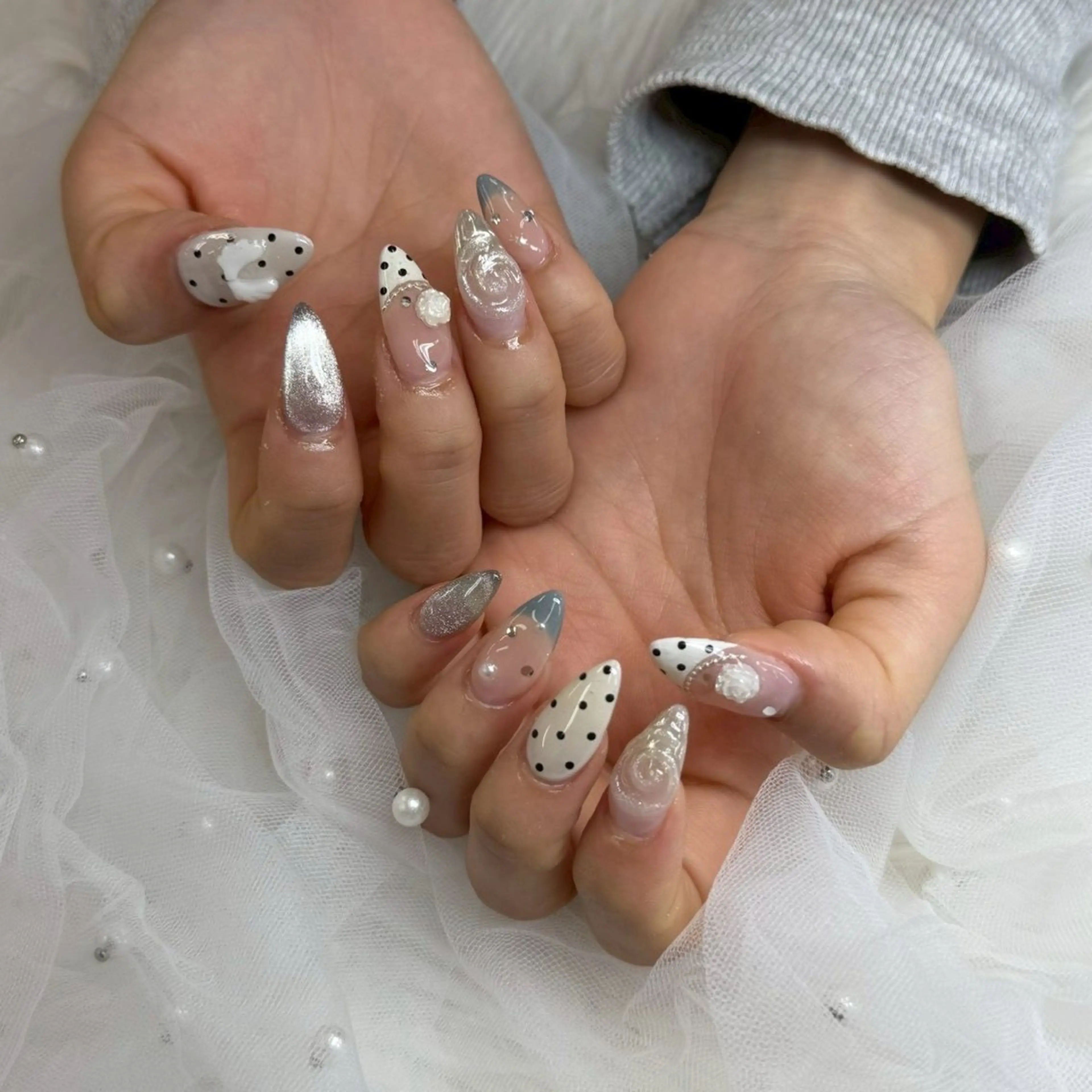 ネイル ジェルネイル ガーリー 韓国ネイル ロングネイル パラジェル ハンドネイル あ みのネイルデザイン