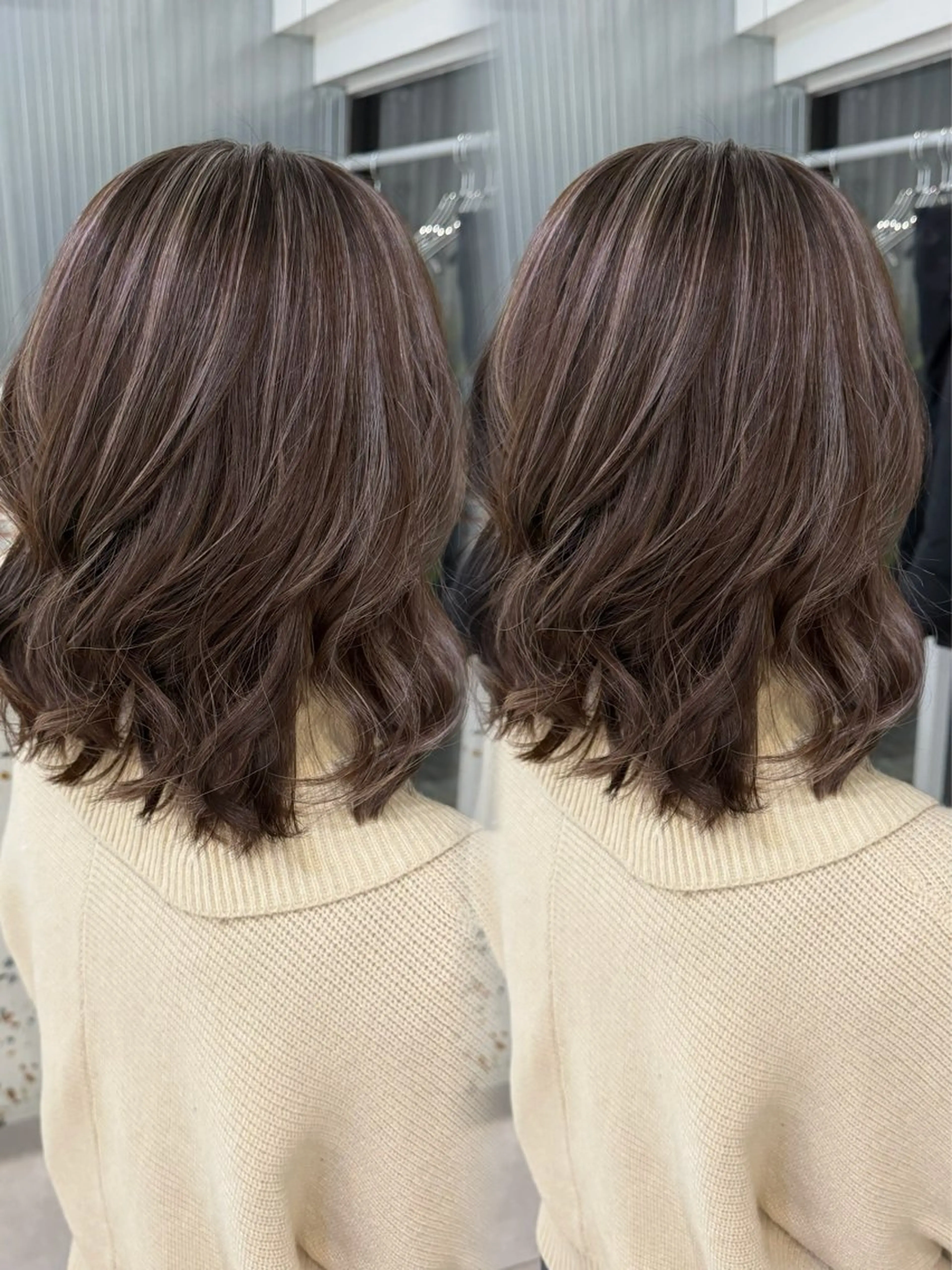 ミディアム カラー ブラウンカラー ハイライトカラー ピンクカラー ピンクブラウン ハイライト カット ヘアカラー トリートメント 表参道/ハイライト バレイヤージュのヘアスタイル