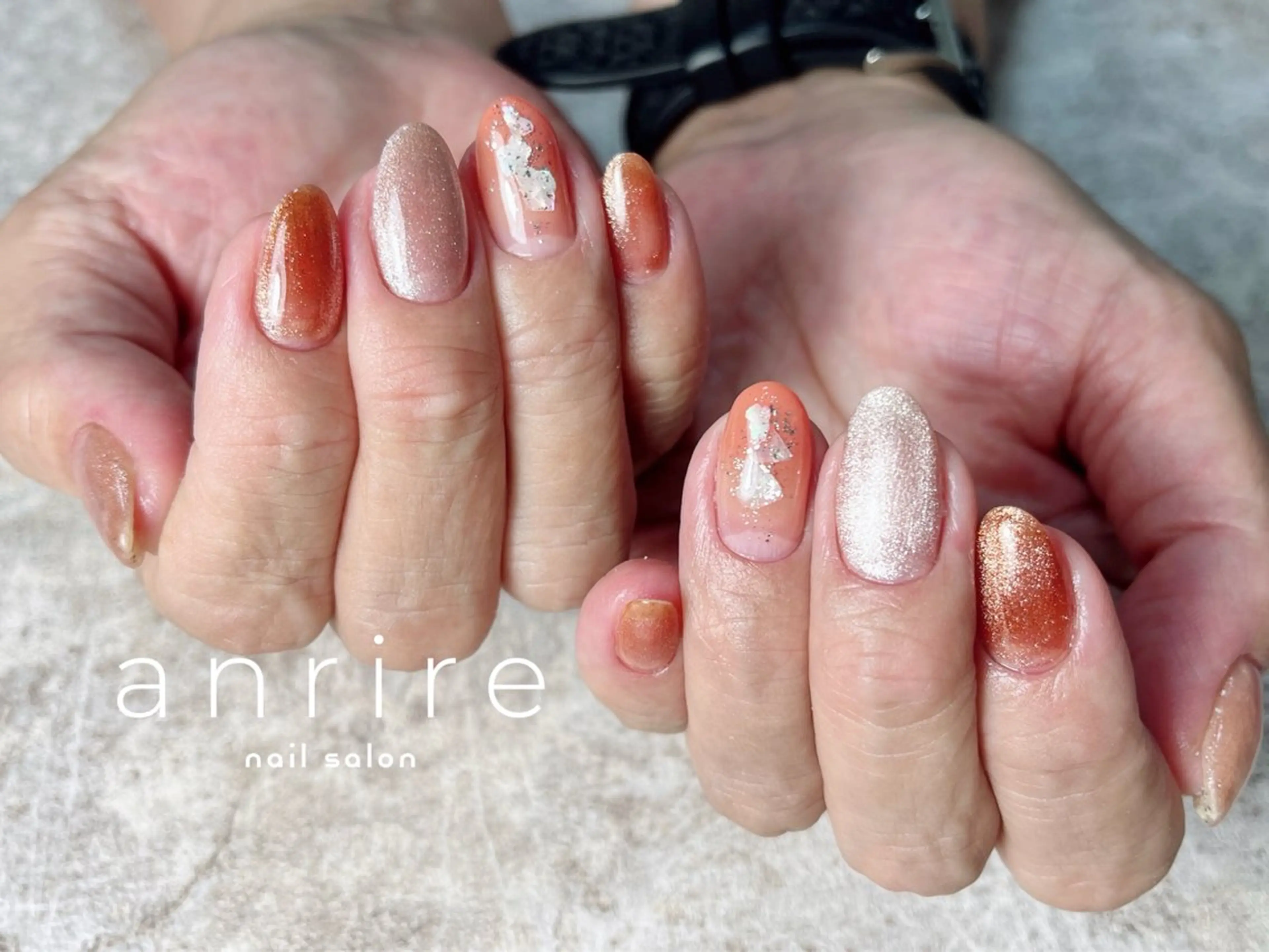 ネイル ジェルネイル ラメ(グリッター) マグネットネイル オレンジ パラジェル ハンドネイル nailsalon anrireのネイルデザイン