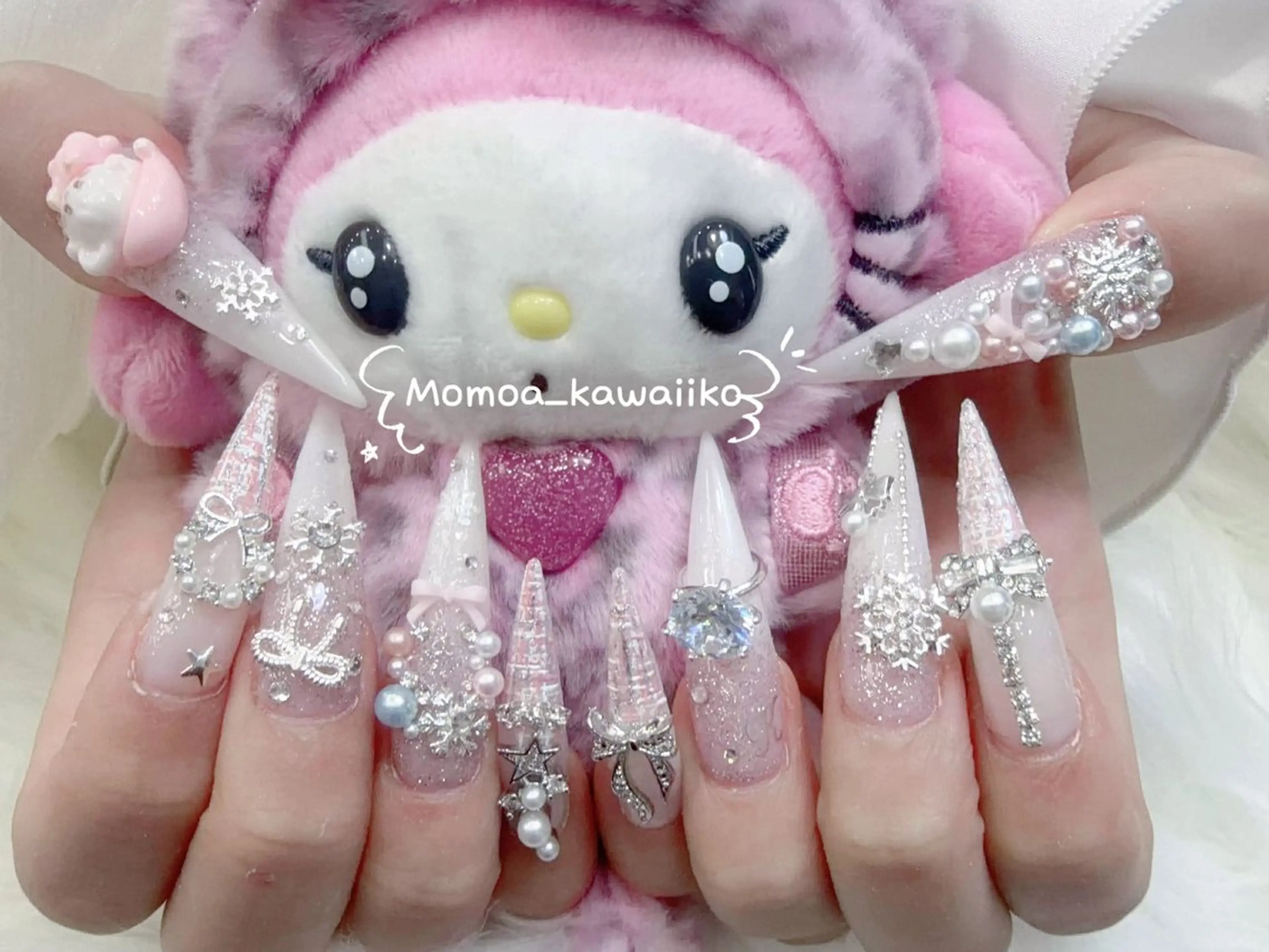 ネイル 成人式 大理石ネイル(マーブル) リボン 夏ネイル ネイルチップ ハンドネイル MoMoA Nail ネイル長さ出し専門店のネイルデザイン