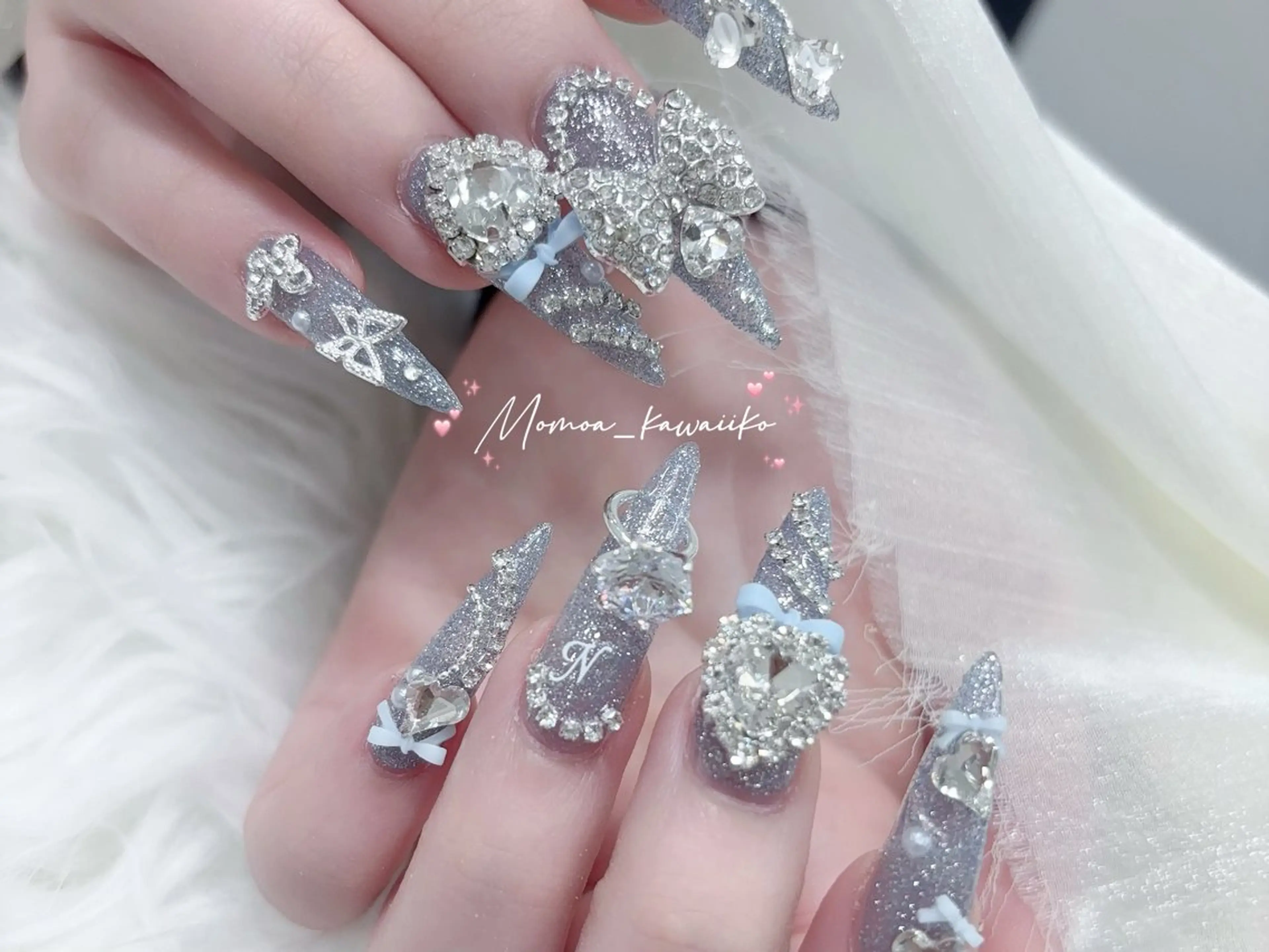 ネイル 成人式 マグネットネイル 大理石ネイル(マーブル) リボン 夏ネイル ハンドネイル MoMoA Nail ネイル長さ出し専門店のネイルデザイン