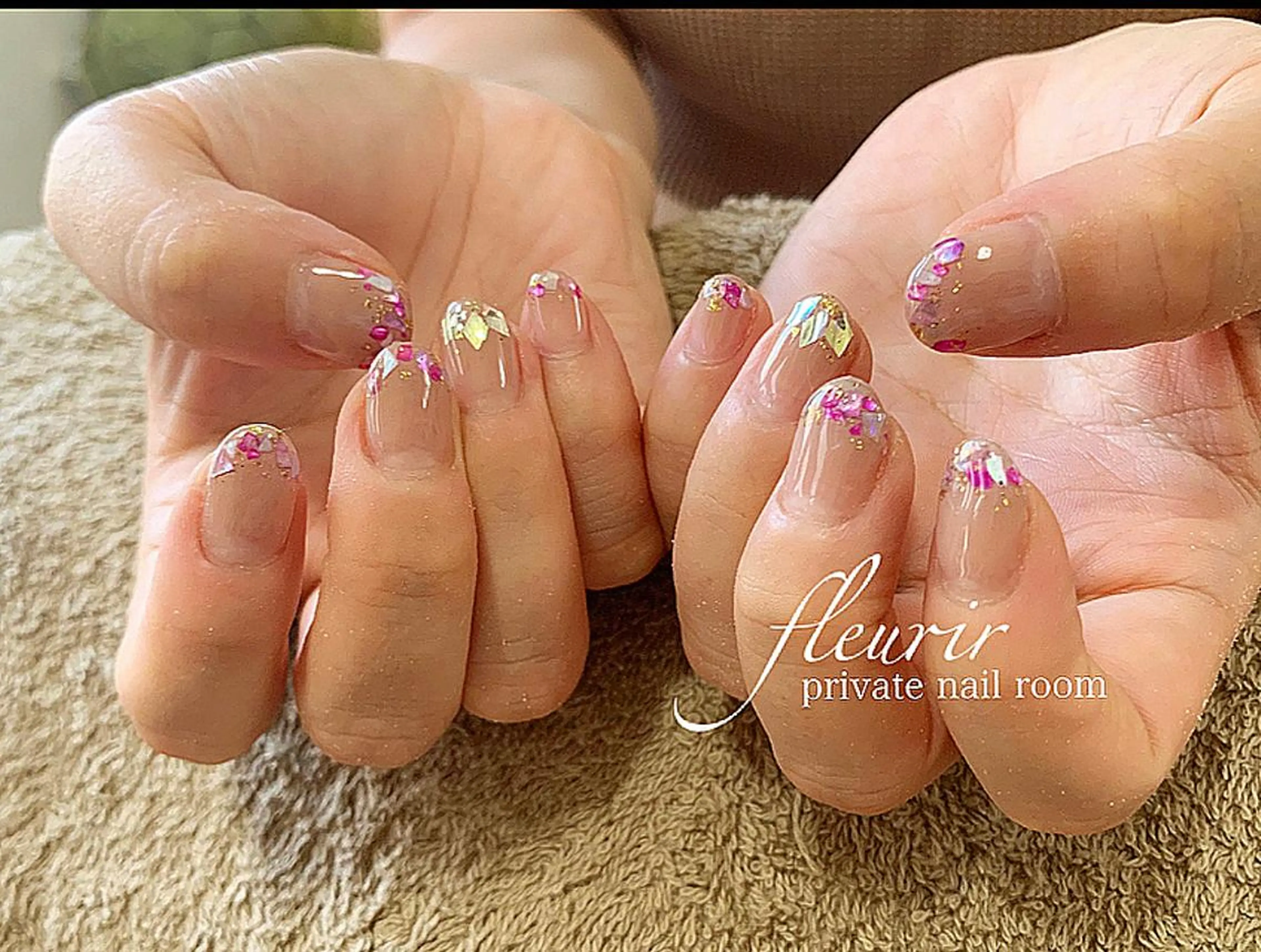 ネイル ブルー フレンチネイル ゴールド ラメ(グリッター) ピンク フルリール 【プライベートサロンのネイルデザイン