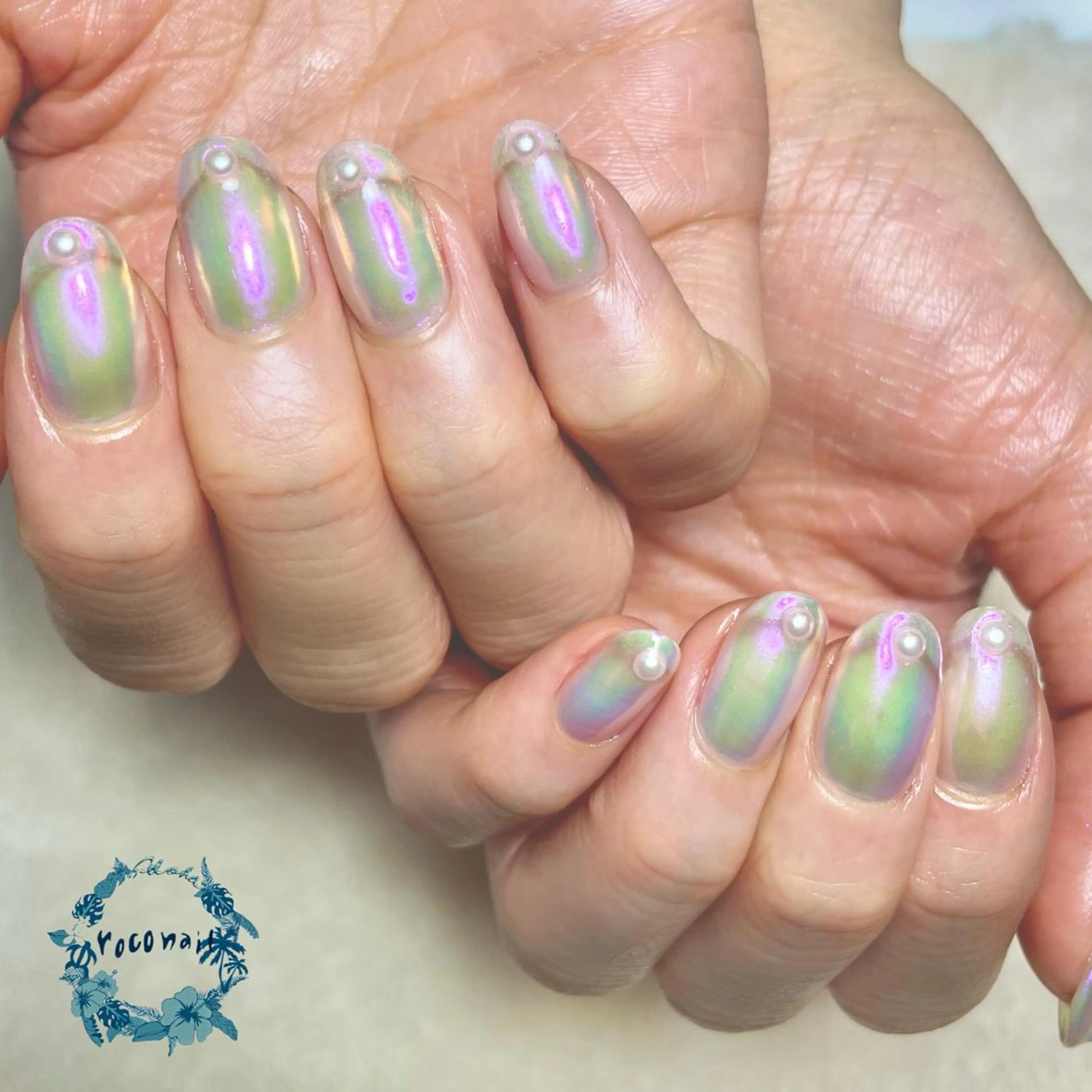 ネイル オーロラネイル ミラーネイル ピンク ハンドネイル roconail ヒロコのネイルデザイン