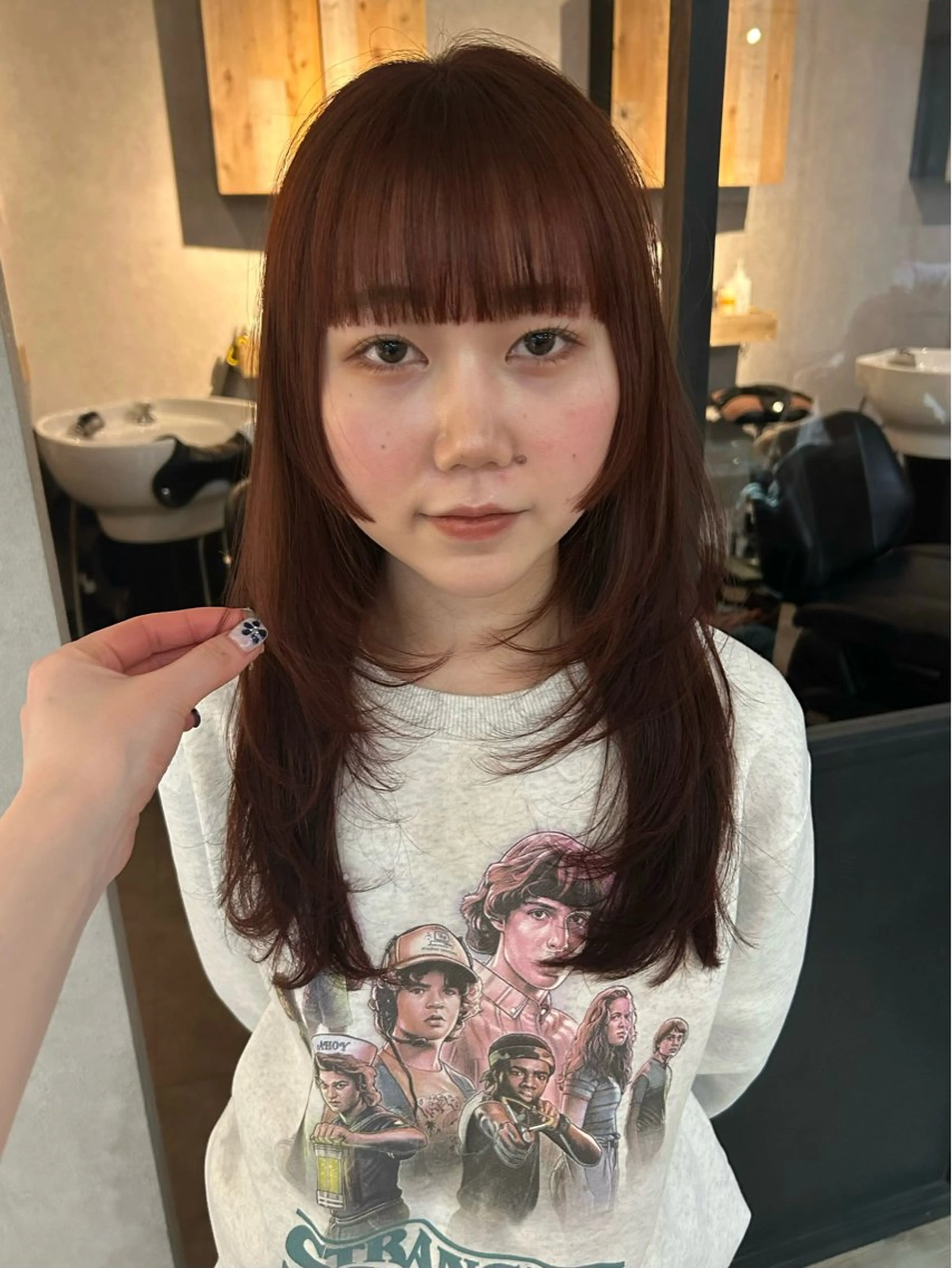 セミロング カラー ブリーチ ブリーチなしカラー レッドカラー 姫カット レイヤーカット FERIA梅田 hana💫レイヤーのヘアスタイル