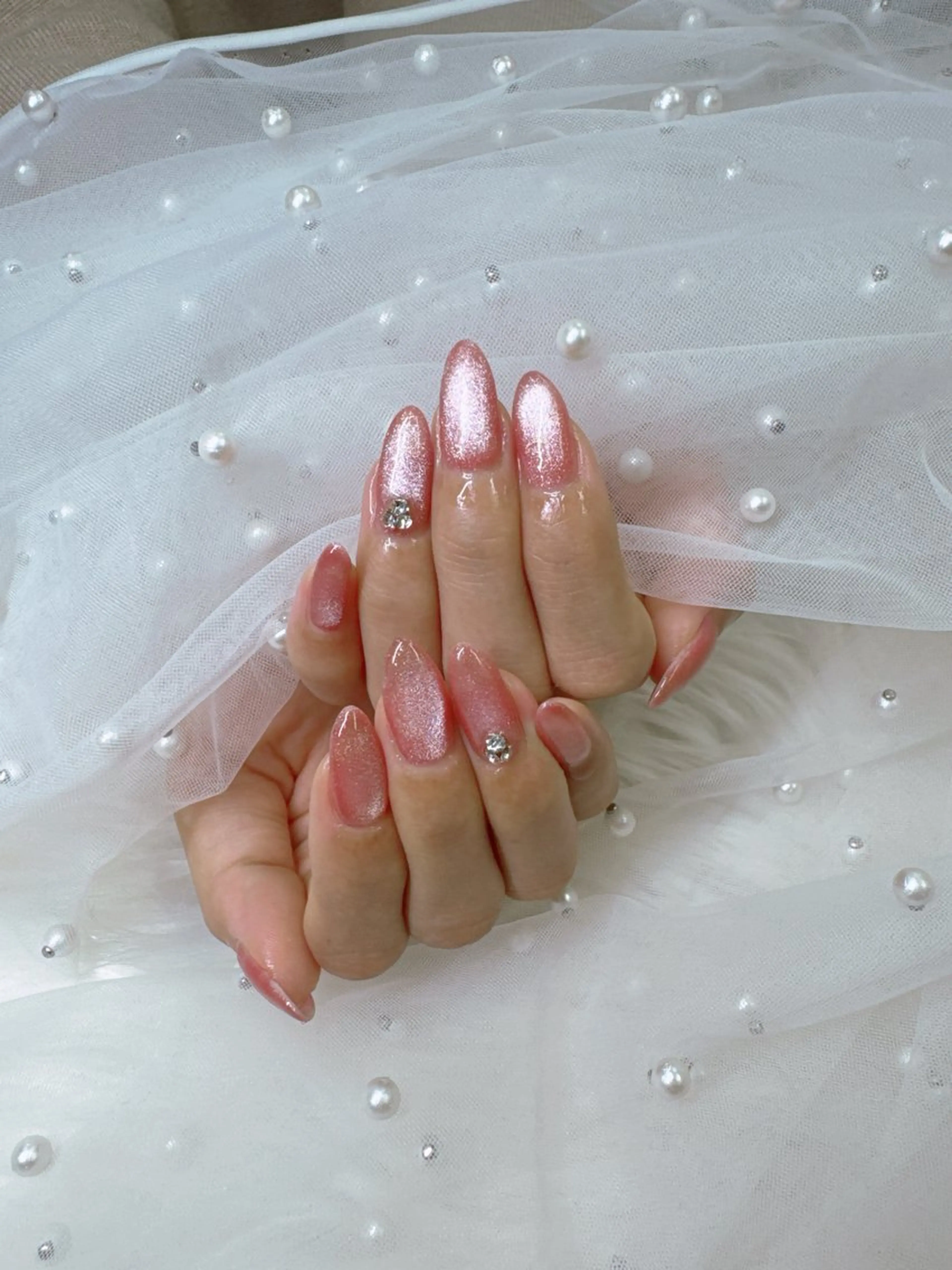 ネイル フレンチネイル ジェルネイル ガラスフレンチ キラキラネイル ロングネイル ハンドネイル Queeens nailのネイルデザイン