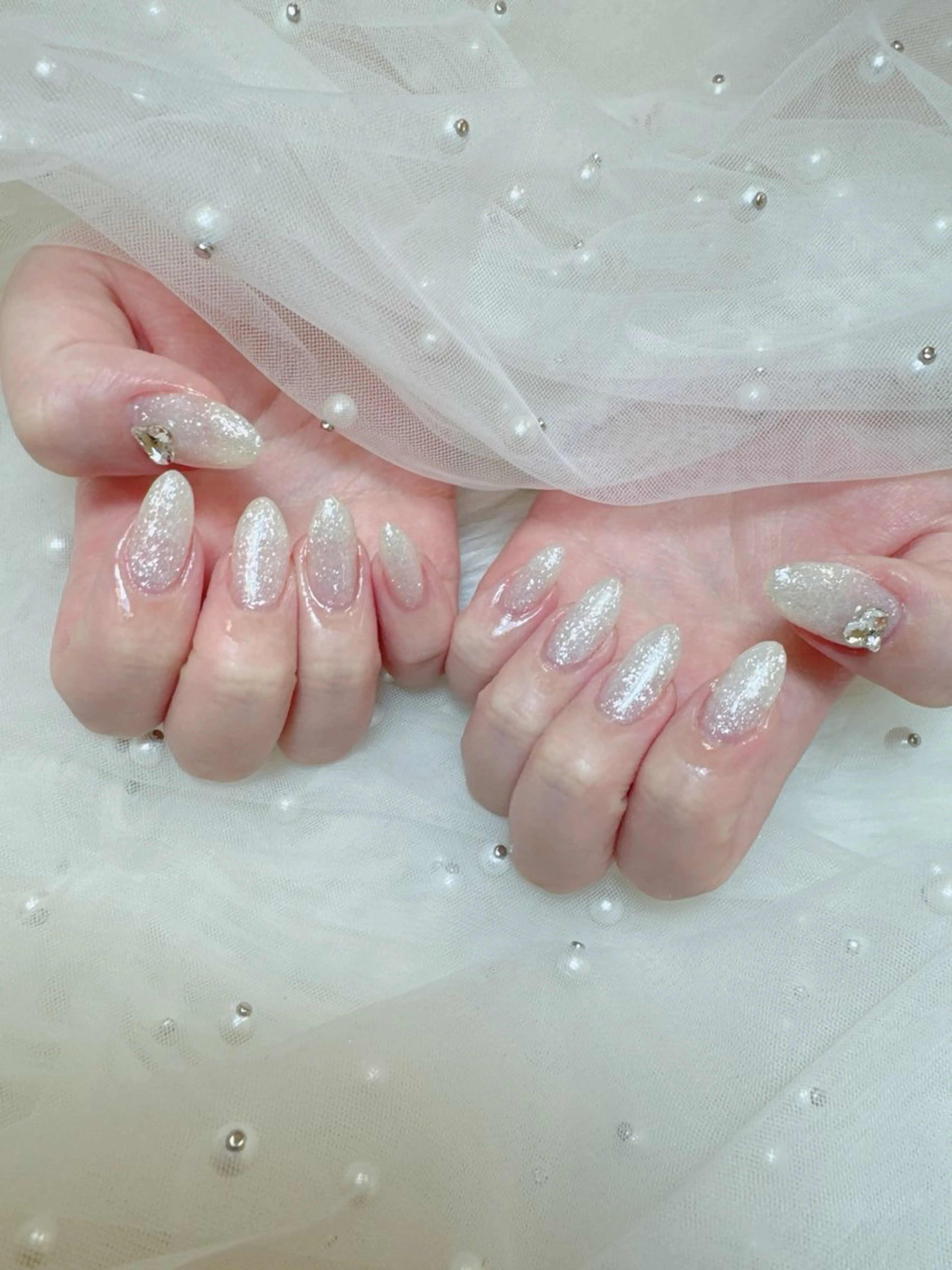 ネイル 成人式 長さ出し フレンチネイル ジェルネイル ガラスフレンチ ハンドネイル Queeens nailのネイルデザイン