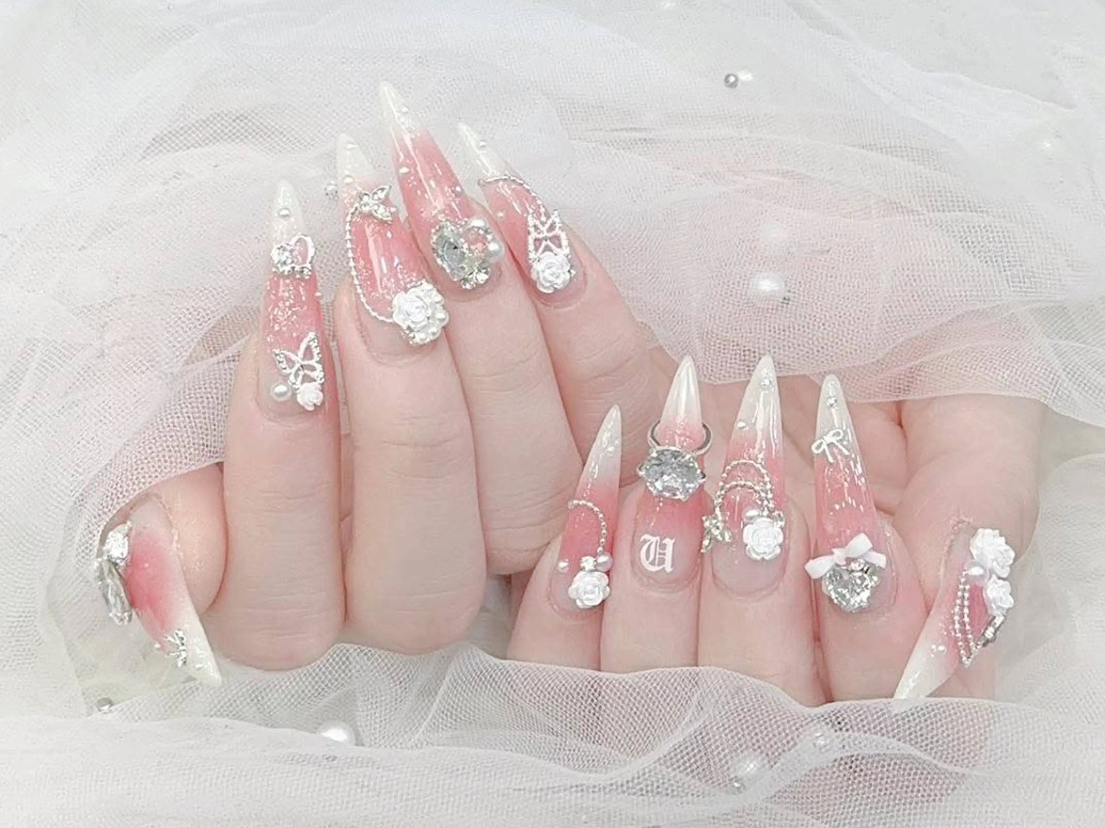 ネイル 成人式 大理石ネイル(マーブル) リボン 夏ネイル ネイルチップ ハンドネイル MoMoA Nail ネイル長さ出し専門店のネイルデザイン