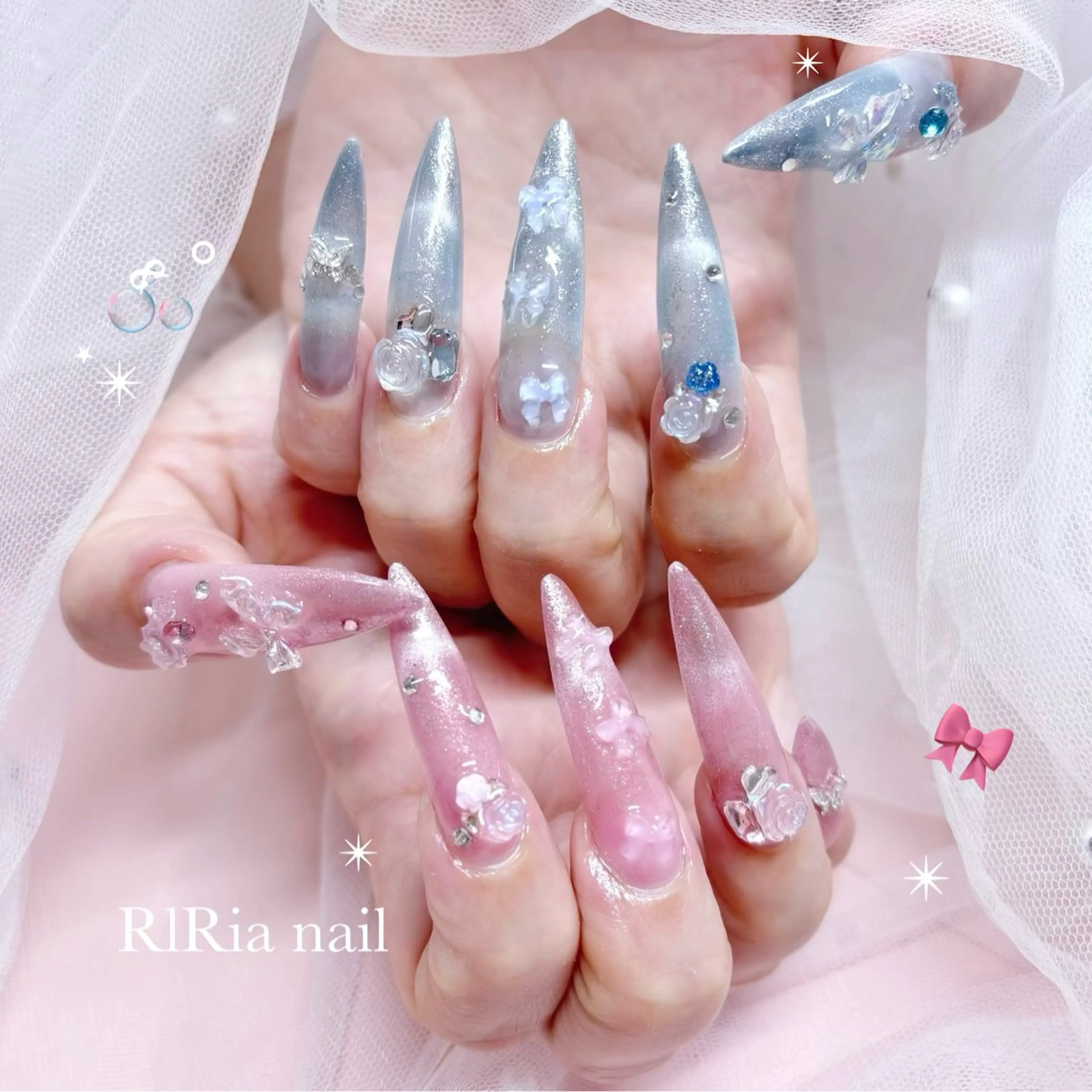 ネイル ブルー クリアネイル 氷ネイル・うるうるネイル ラメ(グリッター) ピンク ハンドネイル 🎀RIRia nail🎀のネイルデザイン