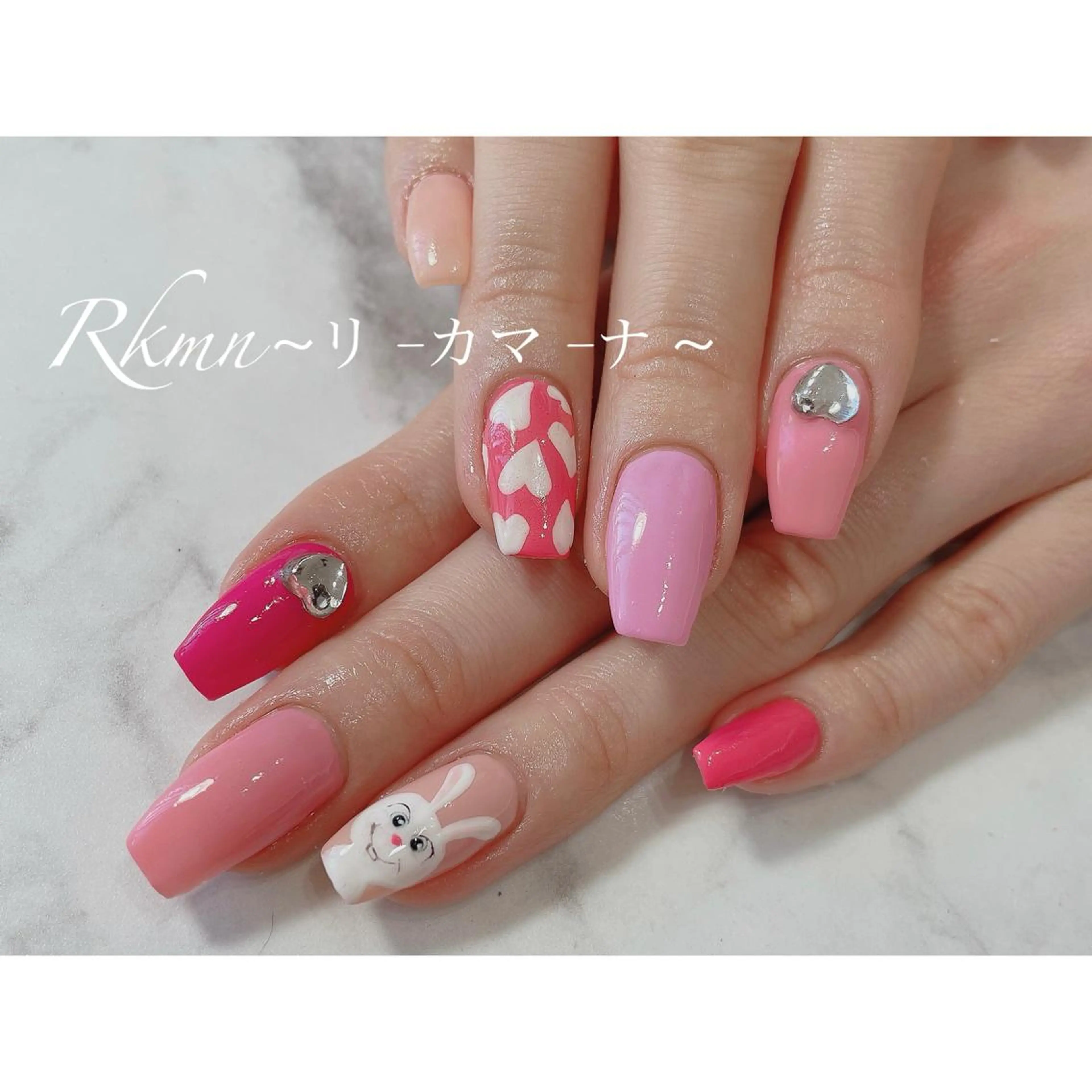 ネイル アートネイル ハート ピンク 春ネイル Rkmn ~リ-カマ-ナ~のネイルデザイン