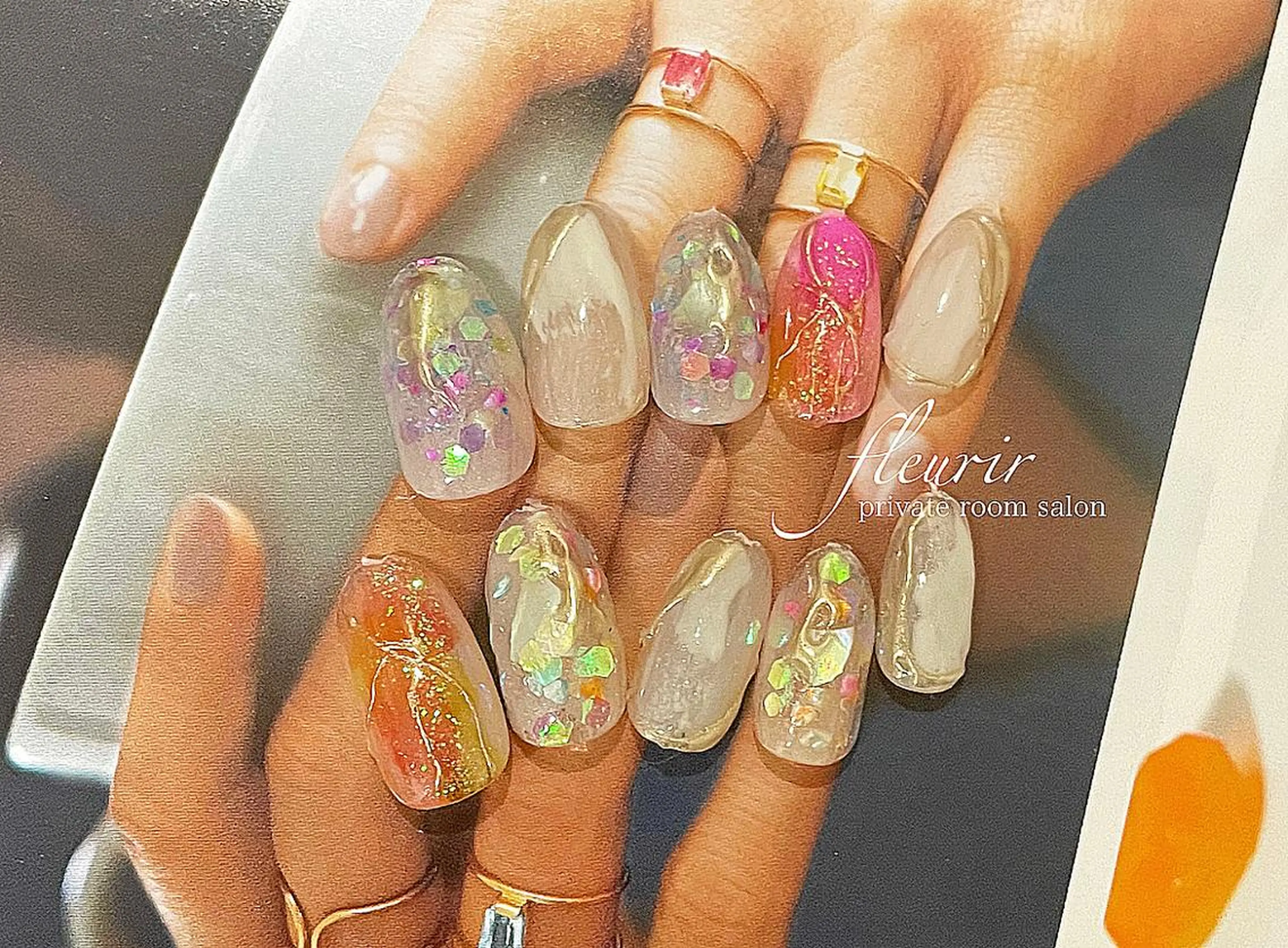 ネイル アートネイル ブルー 長さ出し ジェルネイル ゴールド フルリール 【プライベートサロンのネイルデザイン