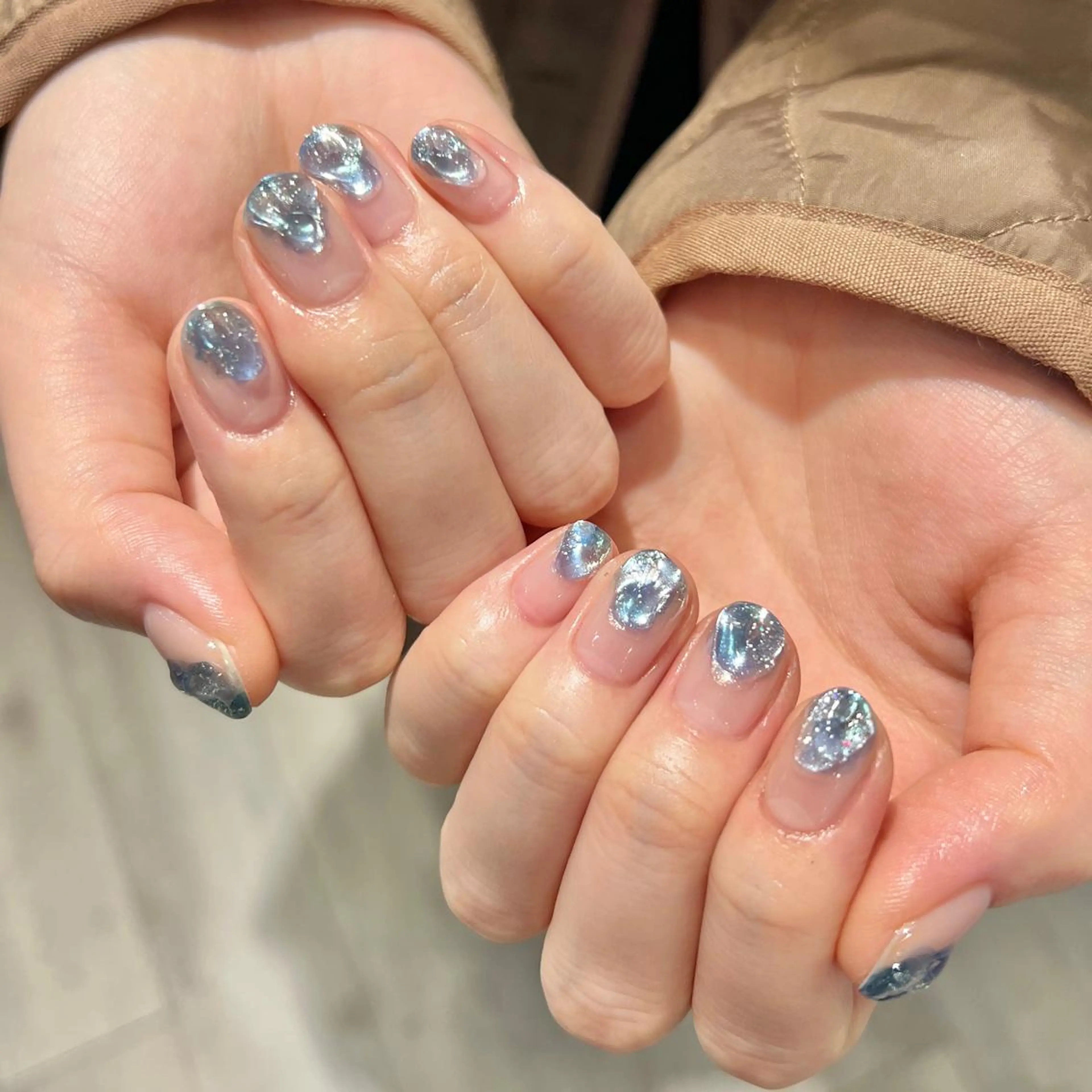 ネイル ブルー クリアネイル ミラーネイル 持ち込み ニュアンスネイル REHTOF |朝7時Open☀️のネイルデザイン