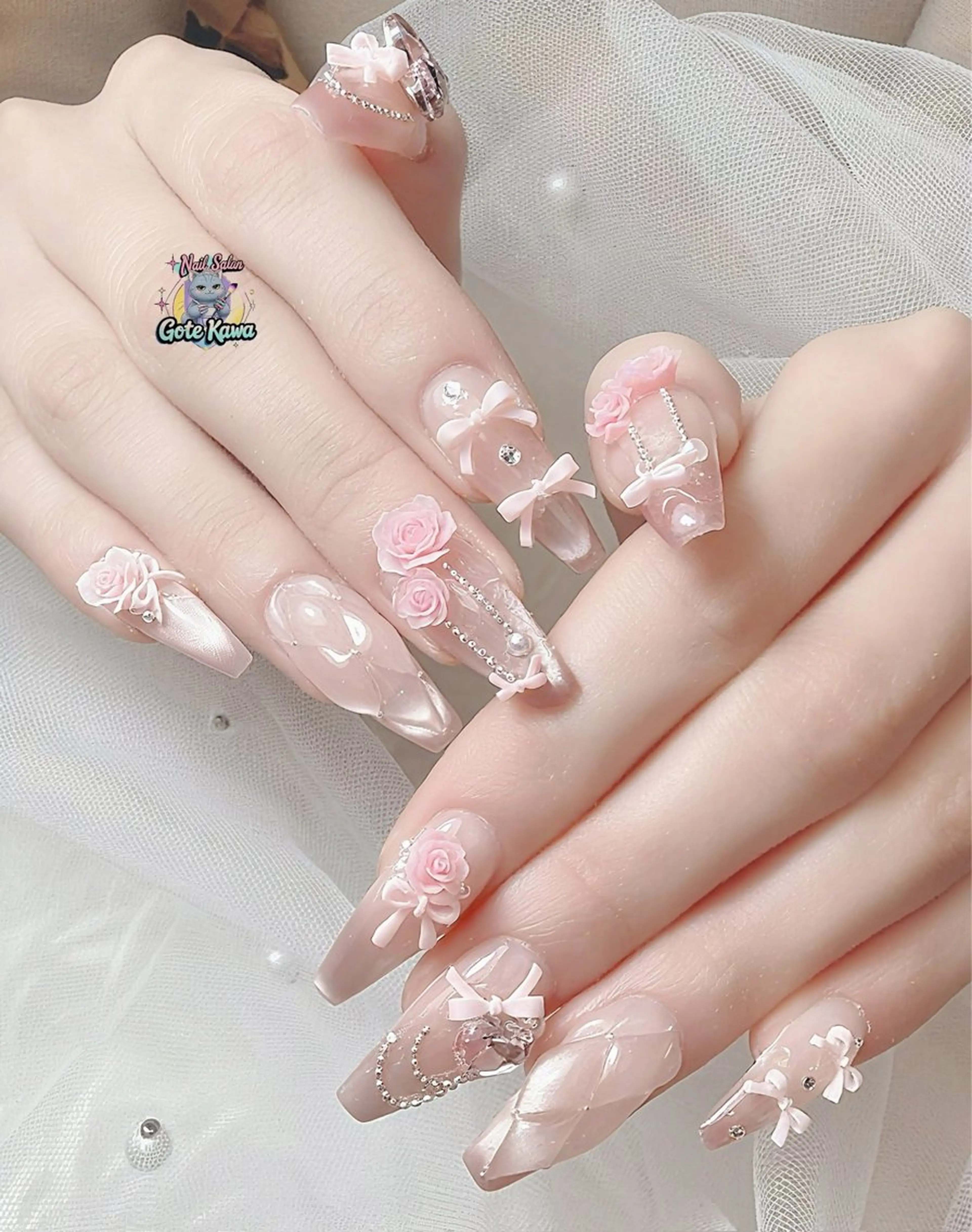 ネイル マグネットネイル リボン ワンホンネイル ハンドネイル ハンドケア Gote Kawa nail salonのネイルデザイン