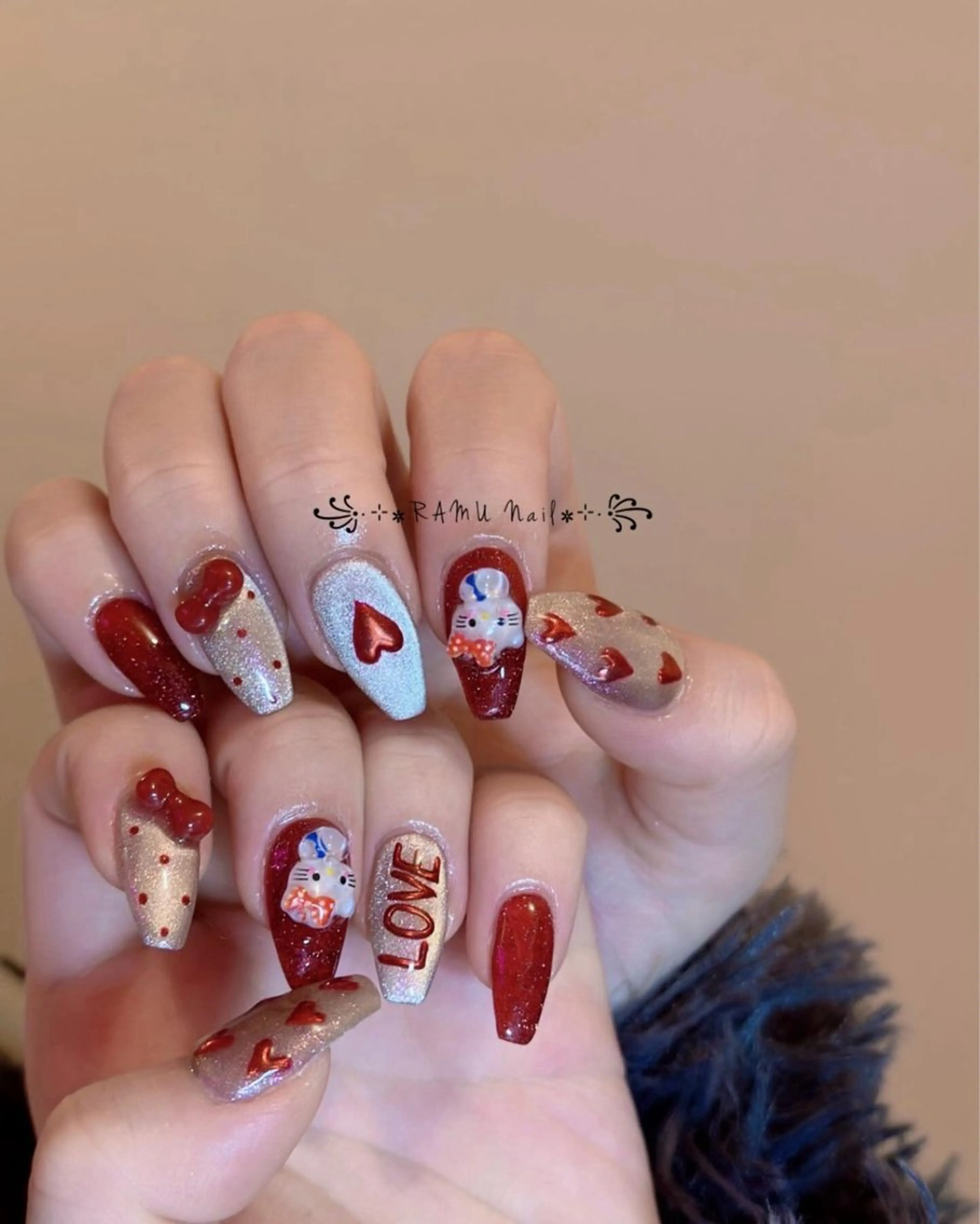 ネイル キラキラネイル 韓国ネイル バレンタイン ワンホンネイル ハンドネイル RAMU Nail 恵比寿店のネイルデザイン