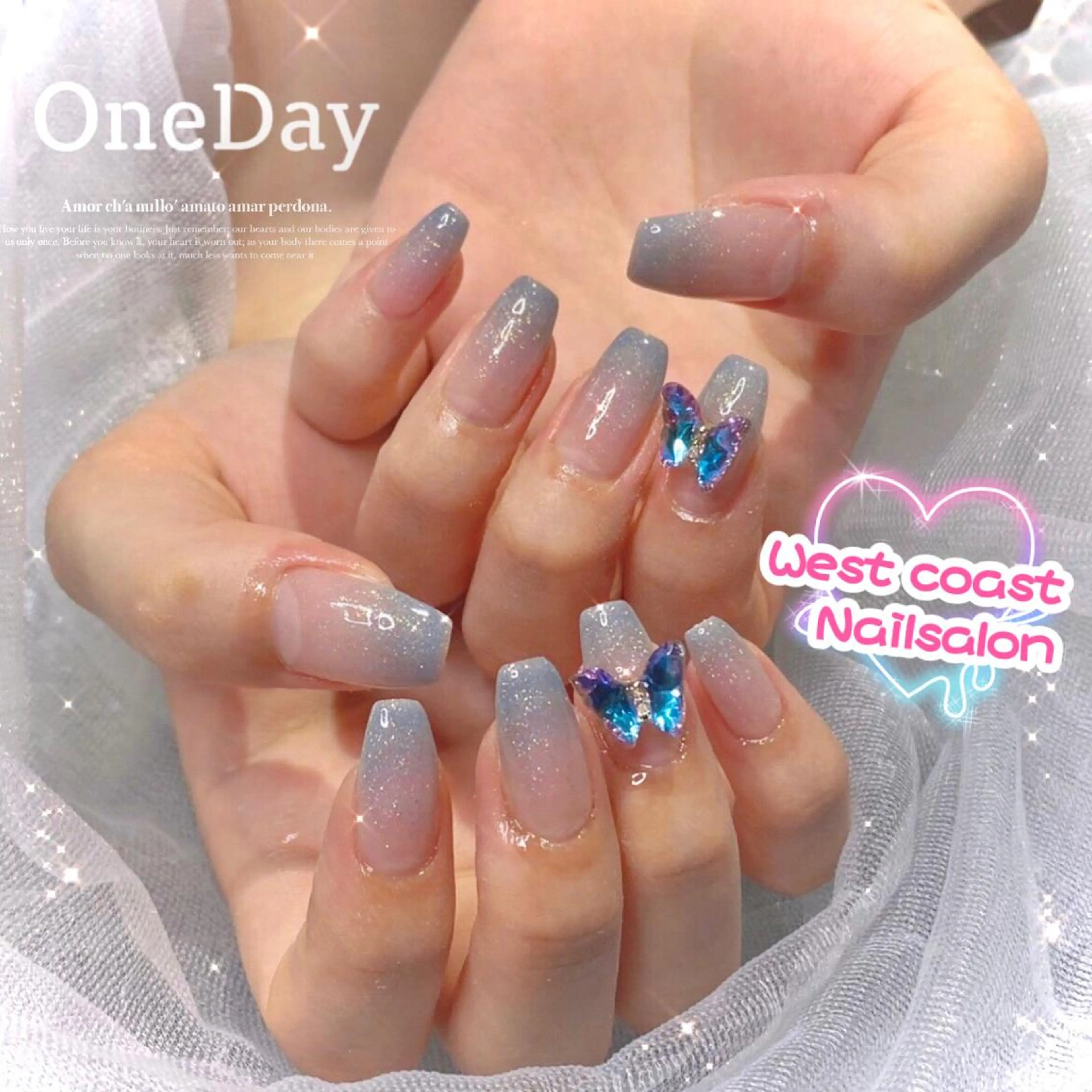 ネイル グラデーション ラメ(グリッター) ラメグラデーション 夏ネイル リボン、ガーリー パーツ放題専門店のネイルデザイン