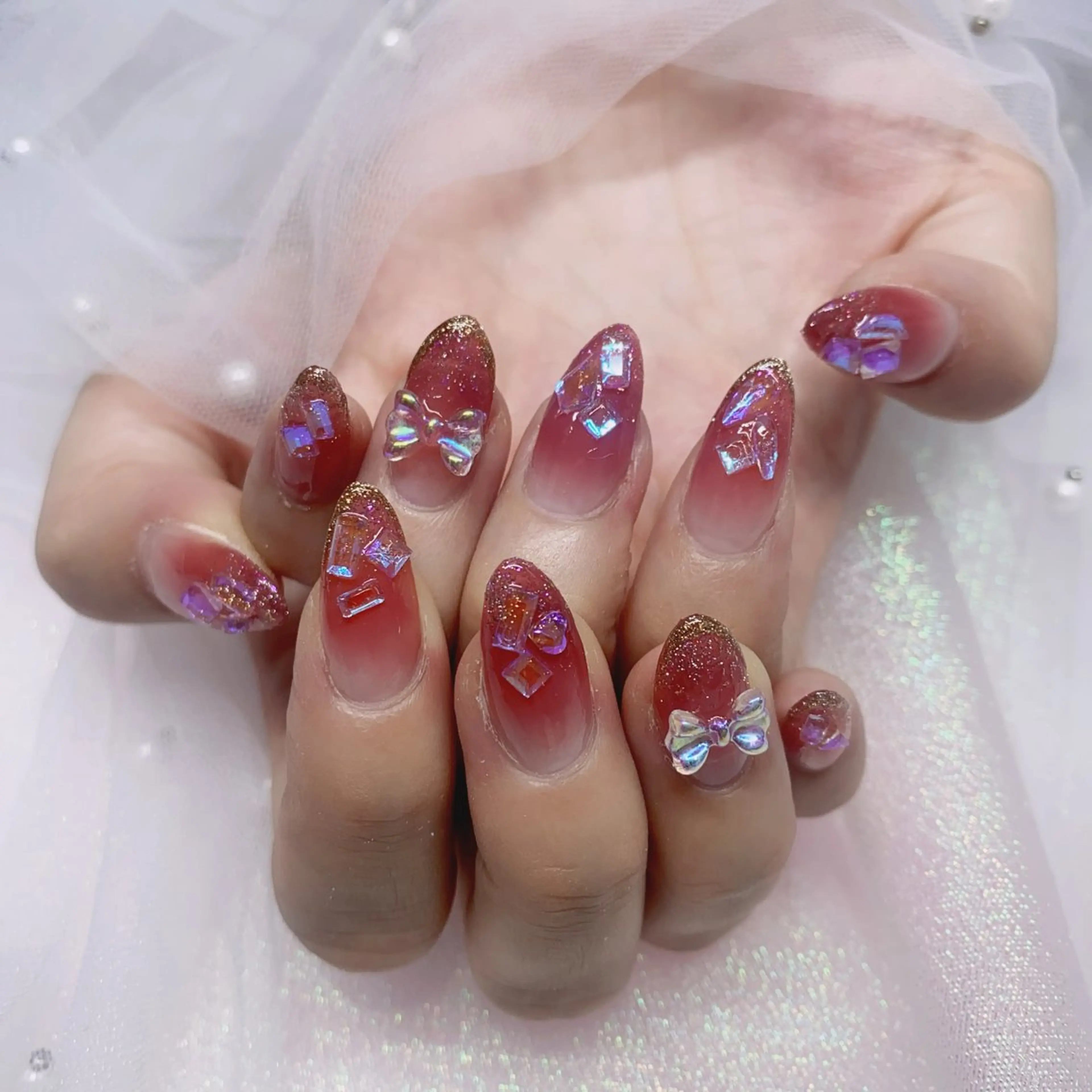 【チップジェルスカルプ長さだし】ワンホンキラキラリボンコース ¥ 12980の写真