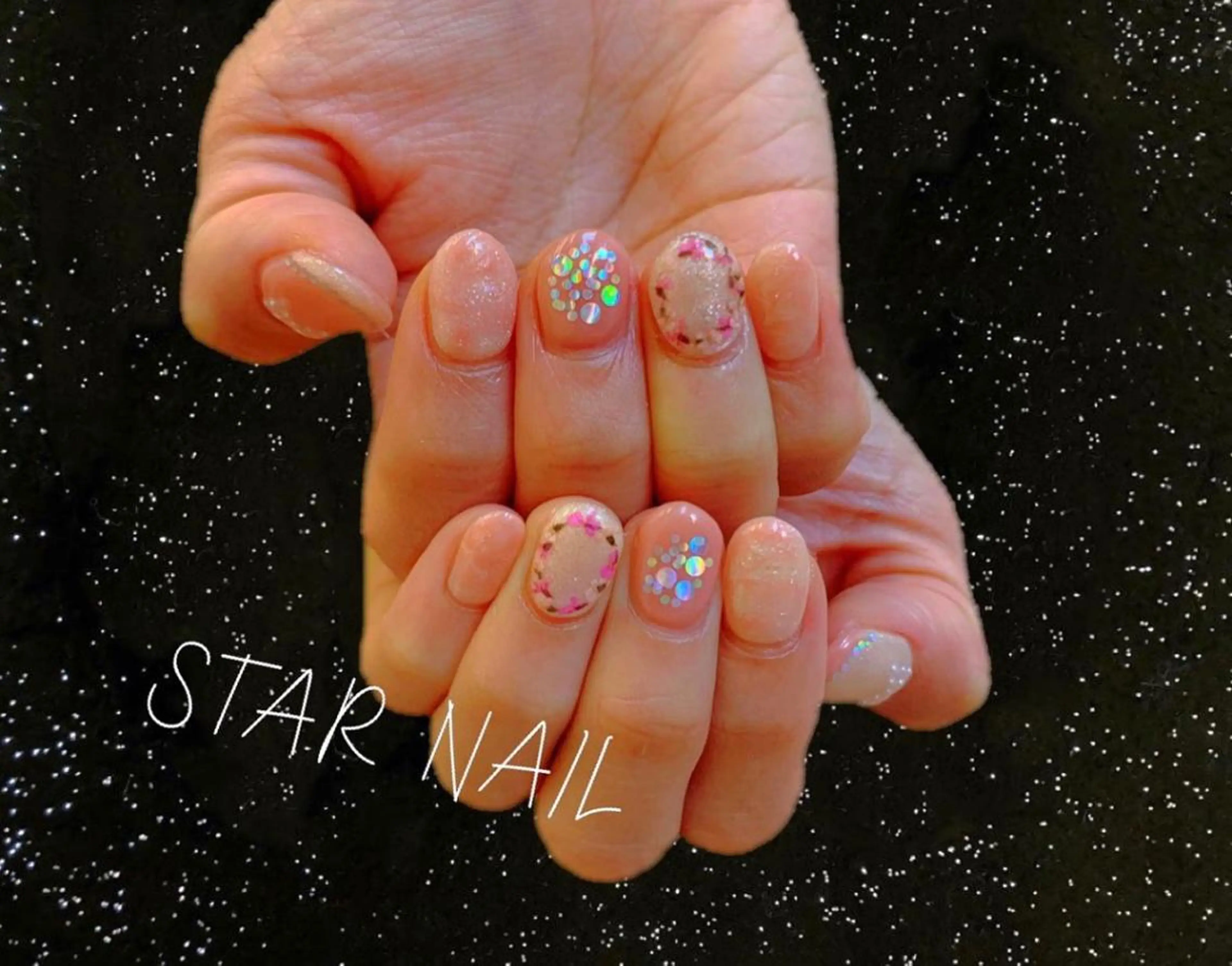 ネイル ホログラムネイル 大理石ネイル(マーブル) ピンク リボン シルバー STAR NAILのネイルデザイン