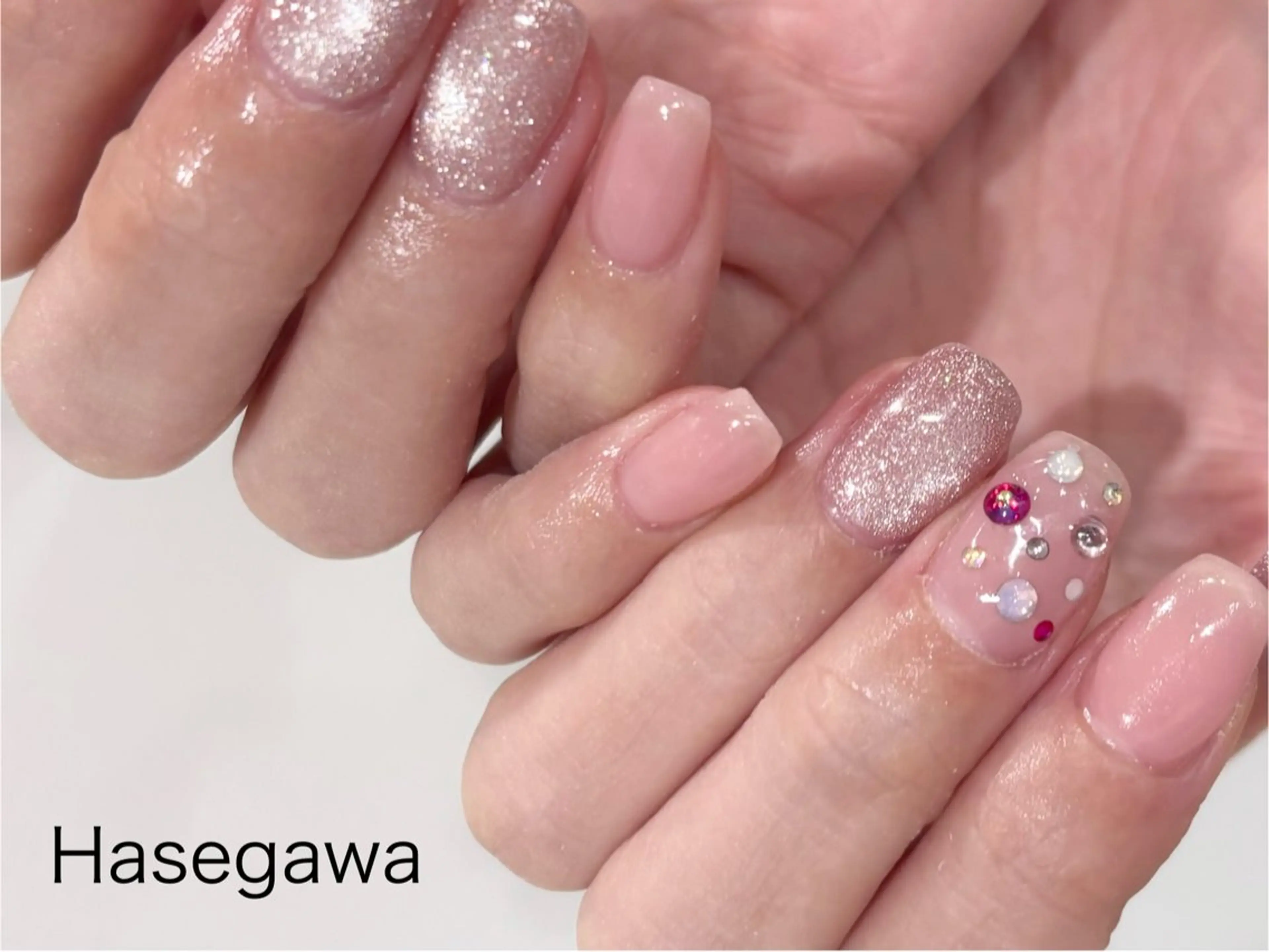 ネイル アートネイル ピンク ストーンネイル ハンドネイル DROP 長谷川のネイルデザイン