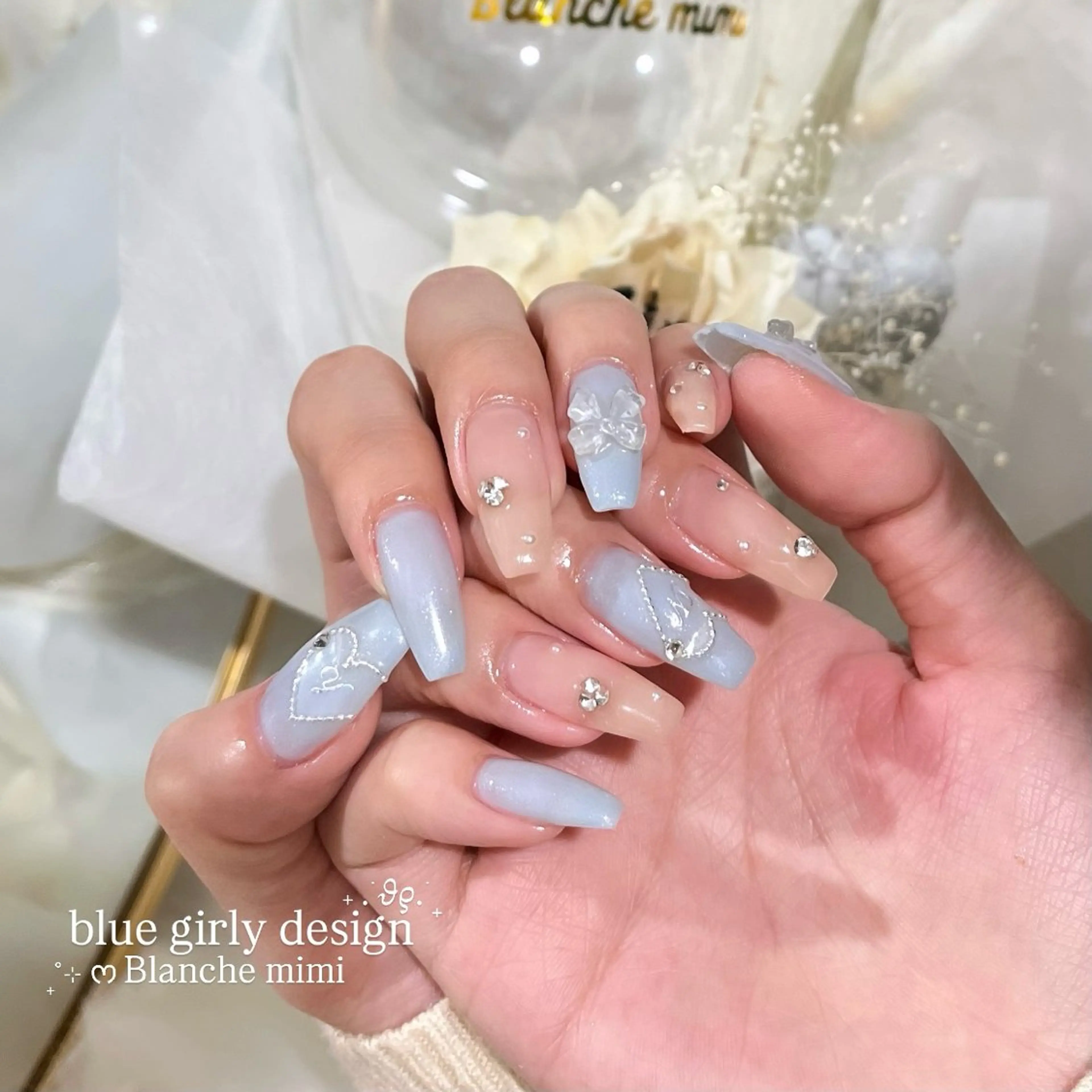 ネイル リボン ハンドネイル Blanche mimi.u_aのネイルデザイン