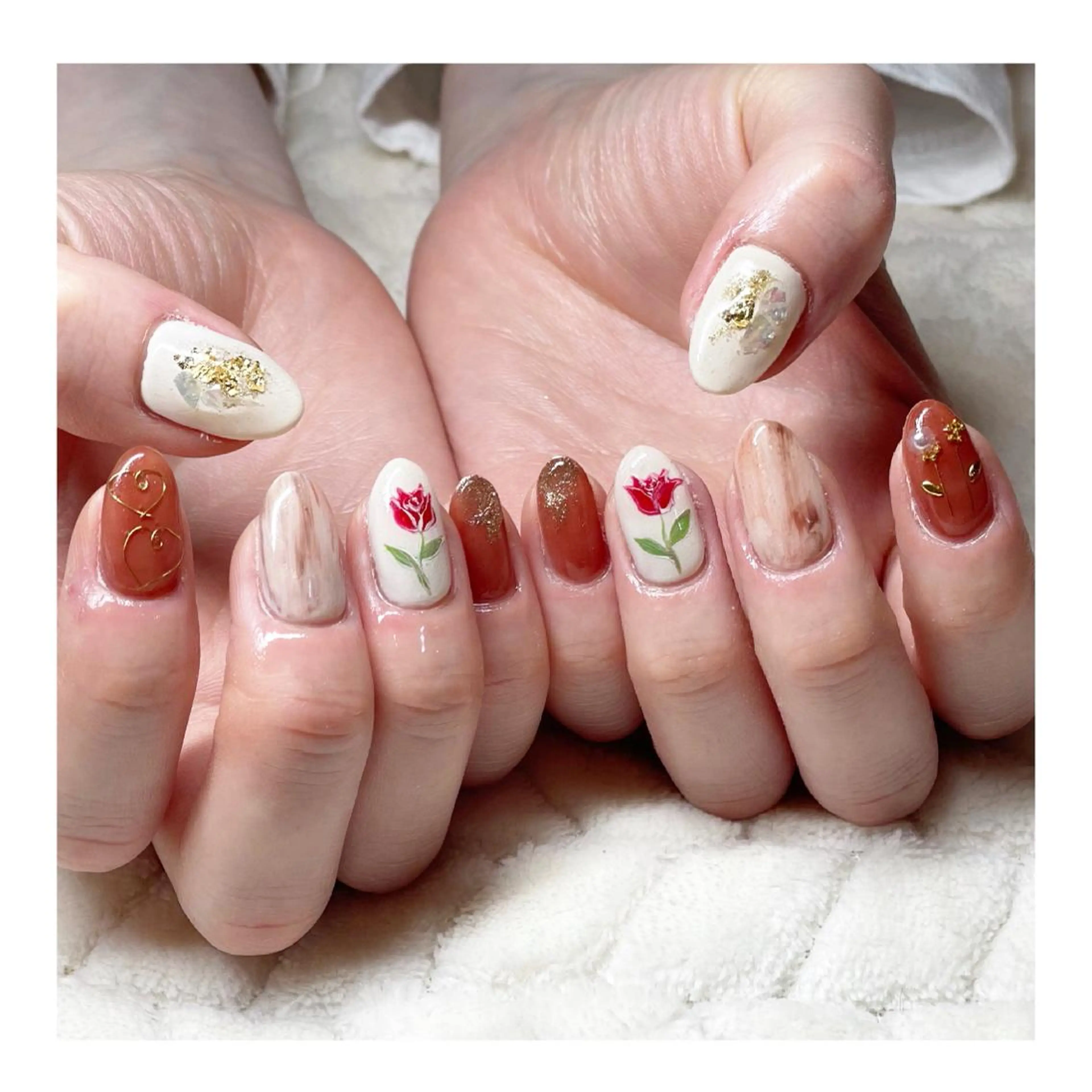 ネイル アートネイル ブラウン ジェルネイル ハート 大理石ネイル(マーブル) ハンドネイル LaLa Peach 福岡のマツエク・マツパデザイン