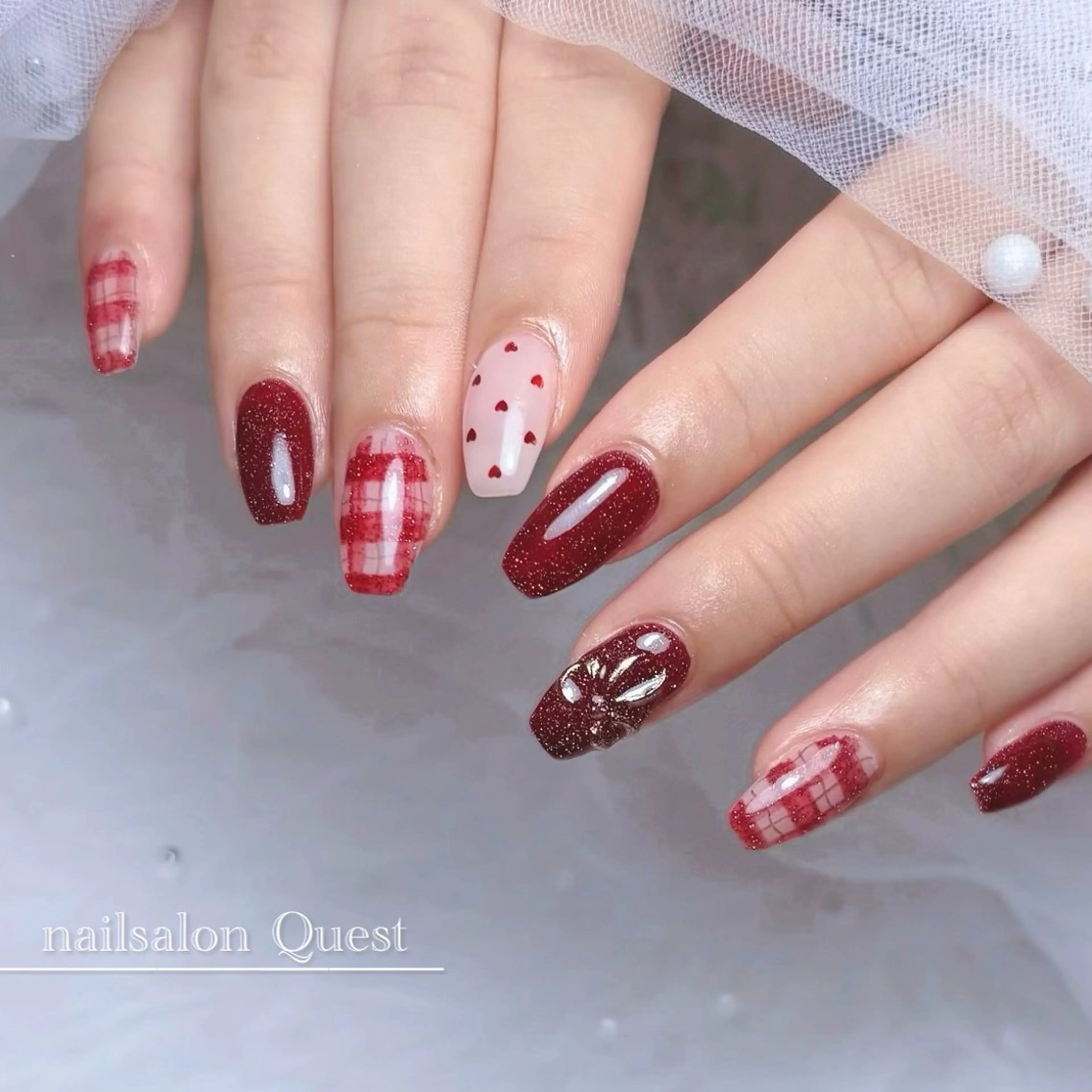 ネイル フラッシュネイル ハート 赤色 ハンドネイル nailsalon Questのネイルデザイン