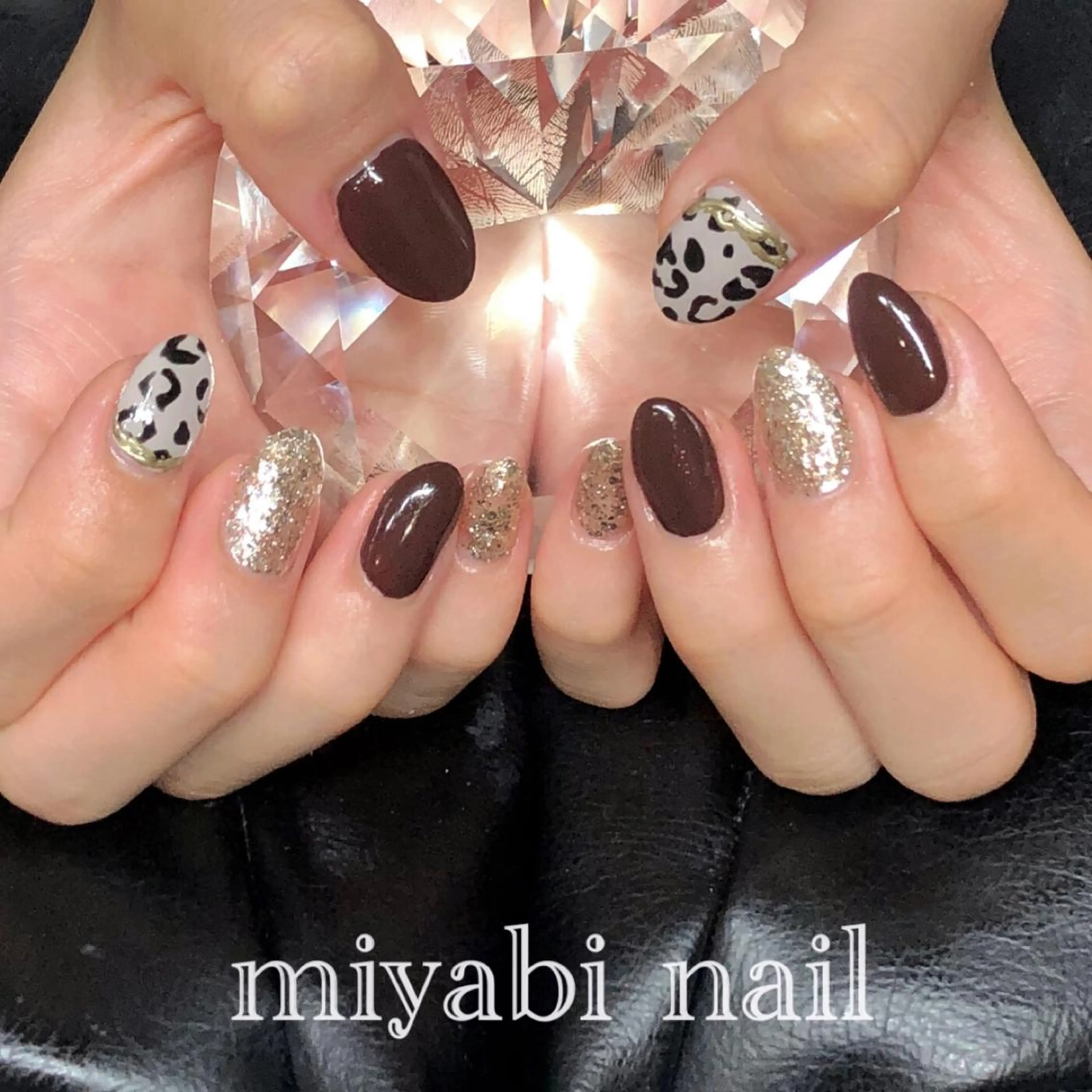 ネイル アニマル柄 アートネイル ブラウン ラメ(グリッター) 持ち込み ハンドネイル miyabi nail 桂川駅近くのネイルデザイン