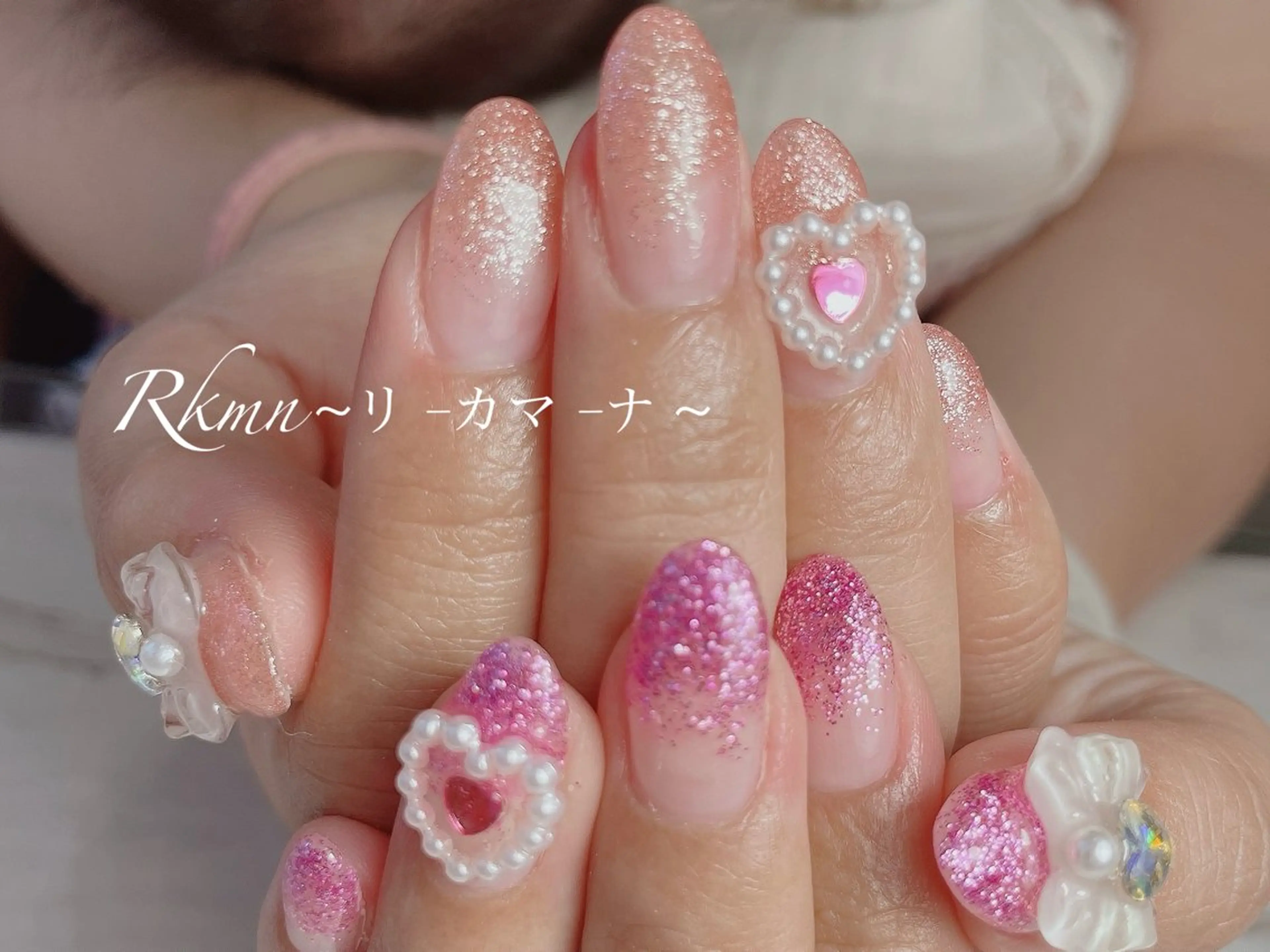ネイル アートネイル ハート ラメ(グリッター) リボン 春ネイル ハンドネイル フットネイル ハンドケア Rkmn ~リ-カマ-ナ~のネイルデザイン