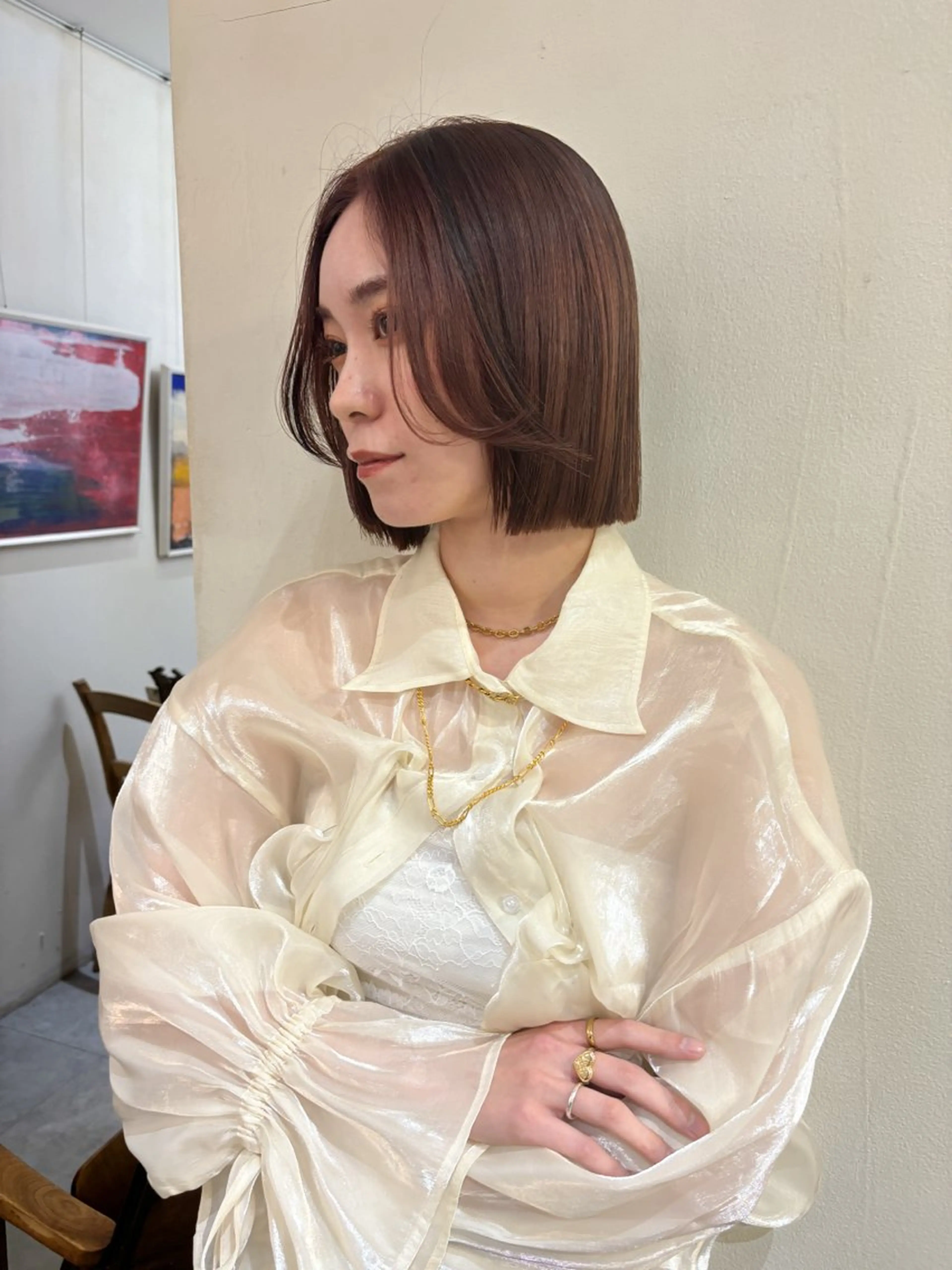 ショート カラー 黒髪 ブラウンカラー ピンクカラー ピンクブラウン 結莉/ボブ/ 縮毛矯正のヘアスタイル