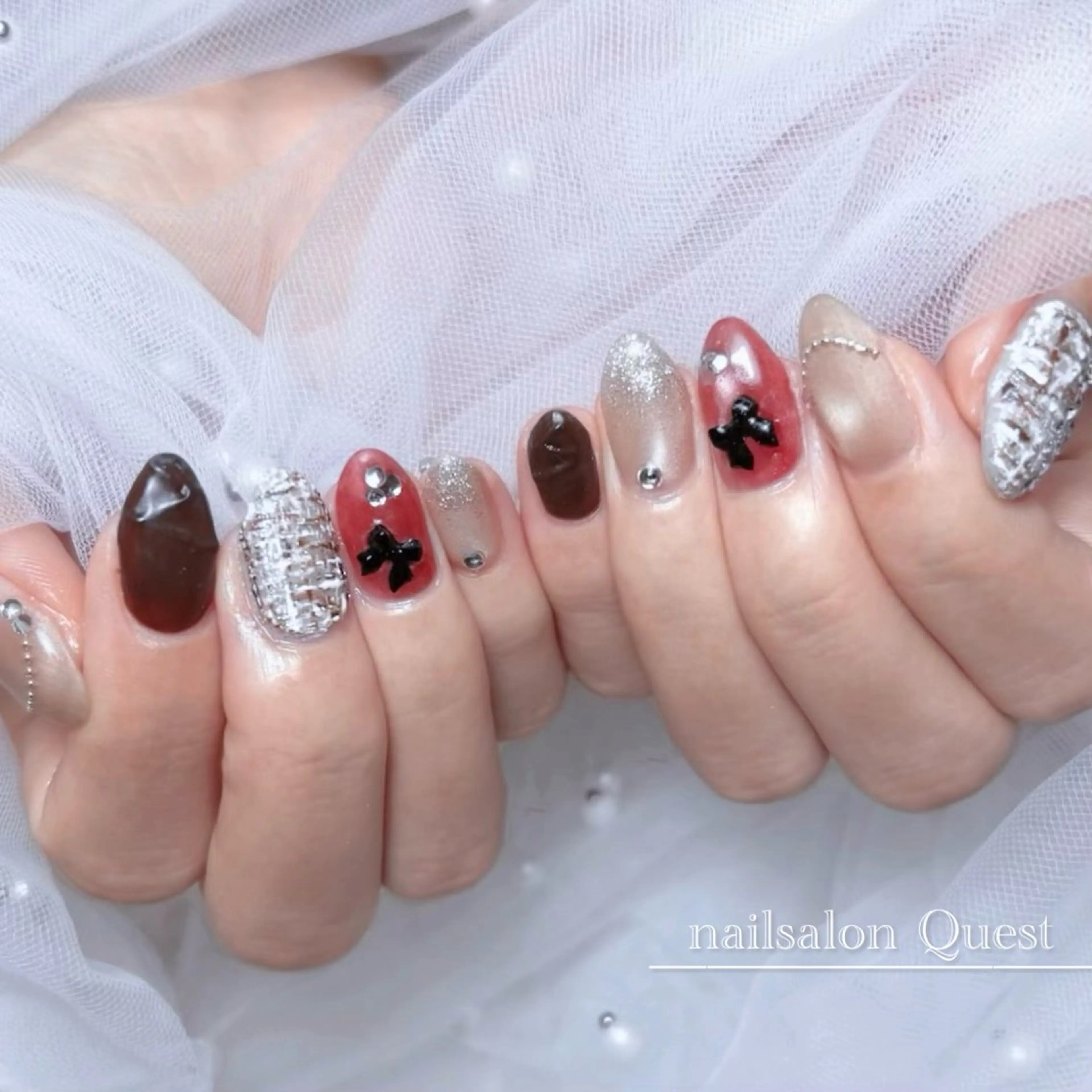 ネイル ブラウン ツイードネイル バレンタイン ハンドネイル nailsalon Questのネイルデザイン