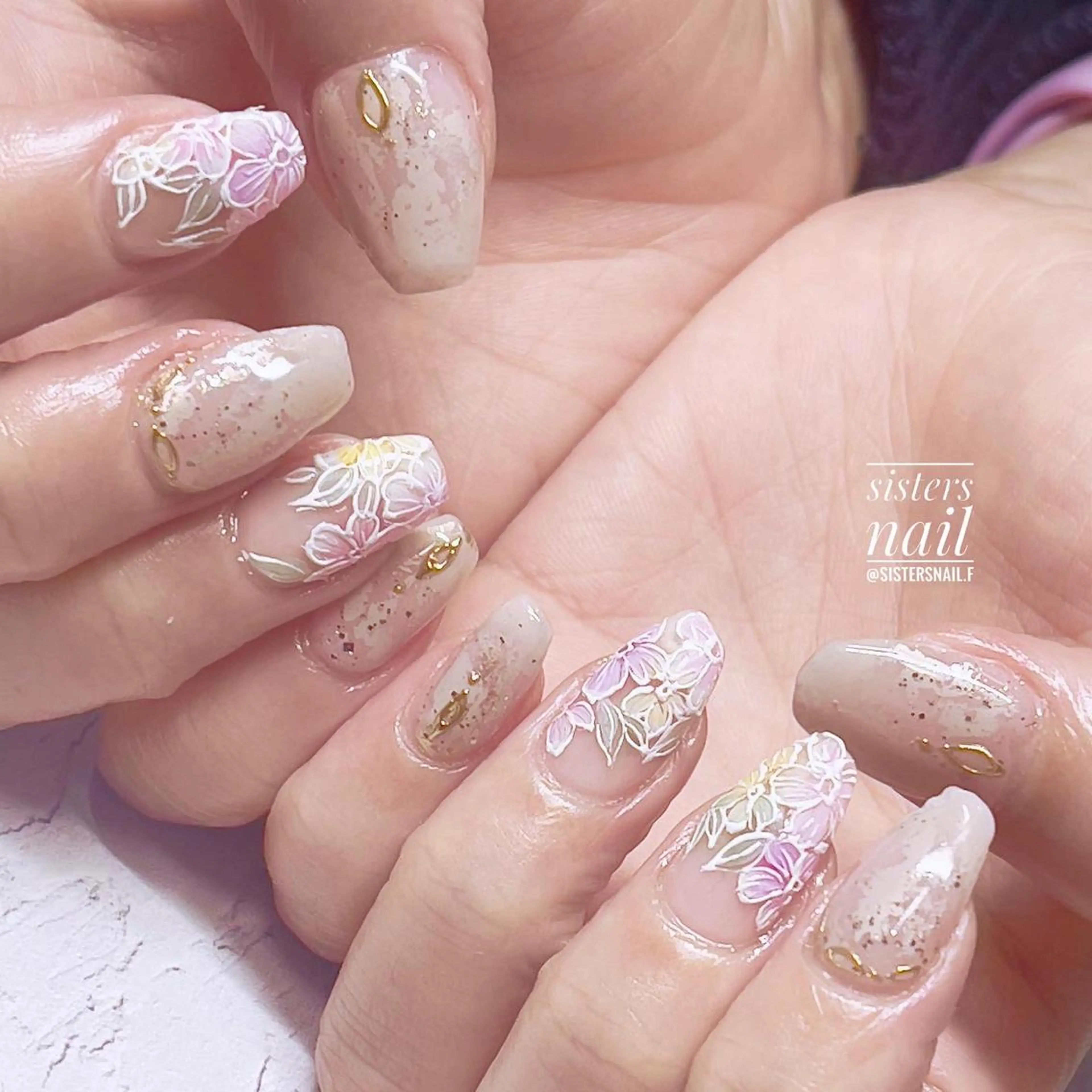 ネイル アートネイル フラワーネイル ラメ(グリッター) ミラーネイル 春ネイル sisters nail.fのネイルデザイン