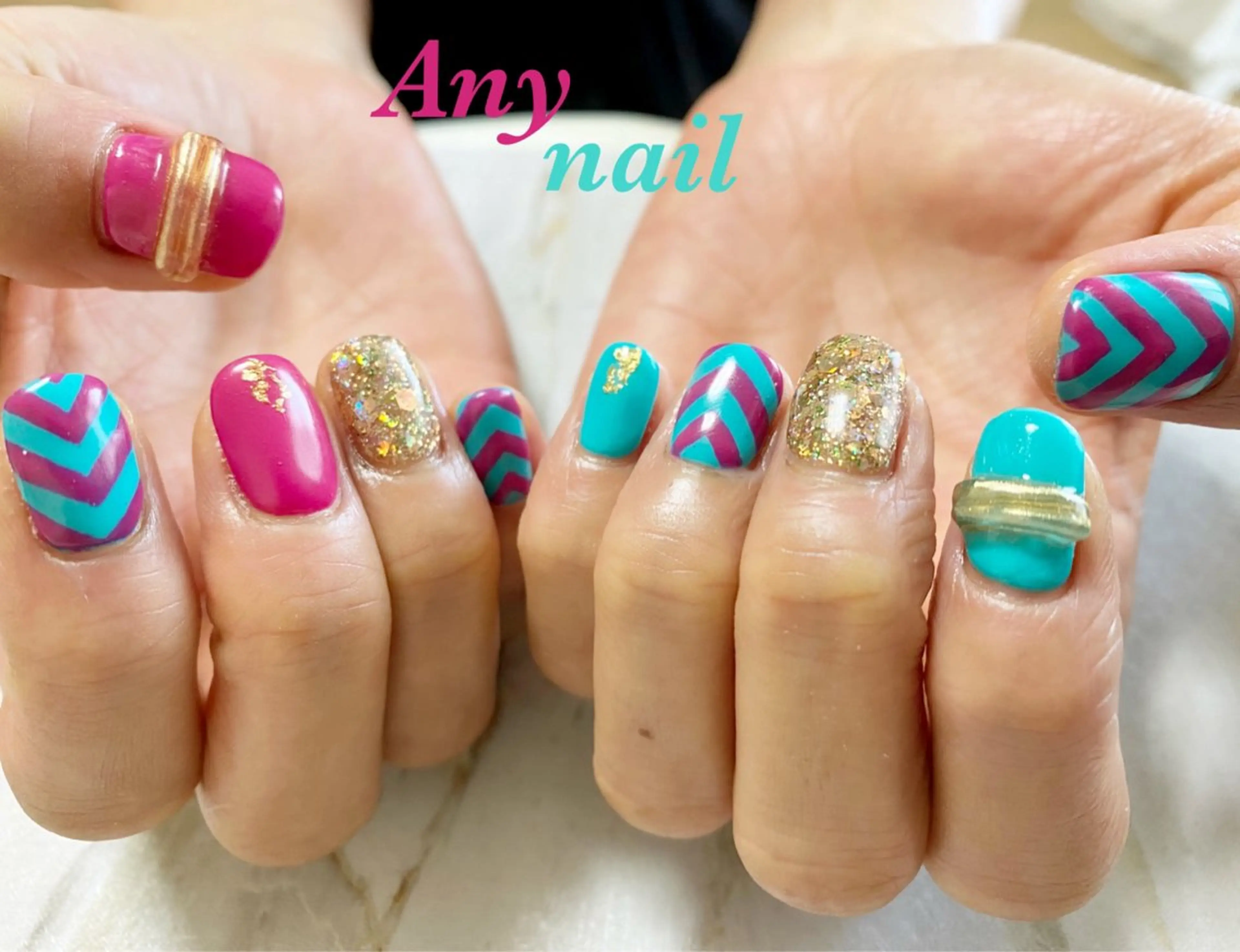 ネイル ブルー グリーン ホログラムネイル ラメ(グリッター) ミラーネイル 岩澤 恵子のネイルデザイン