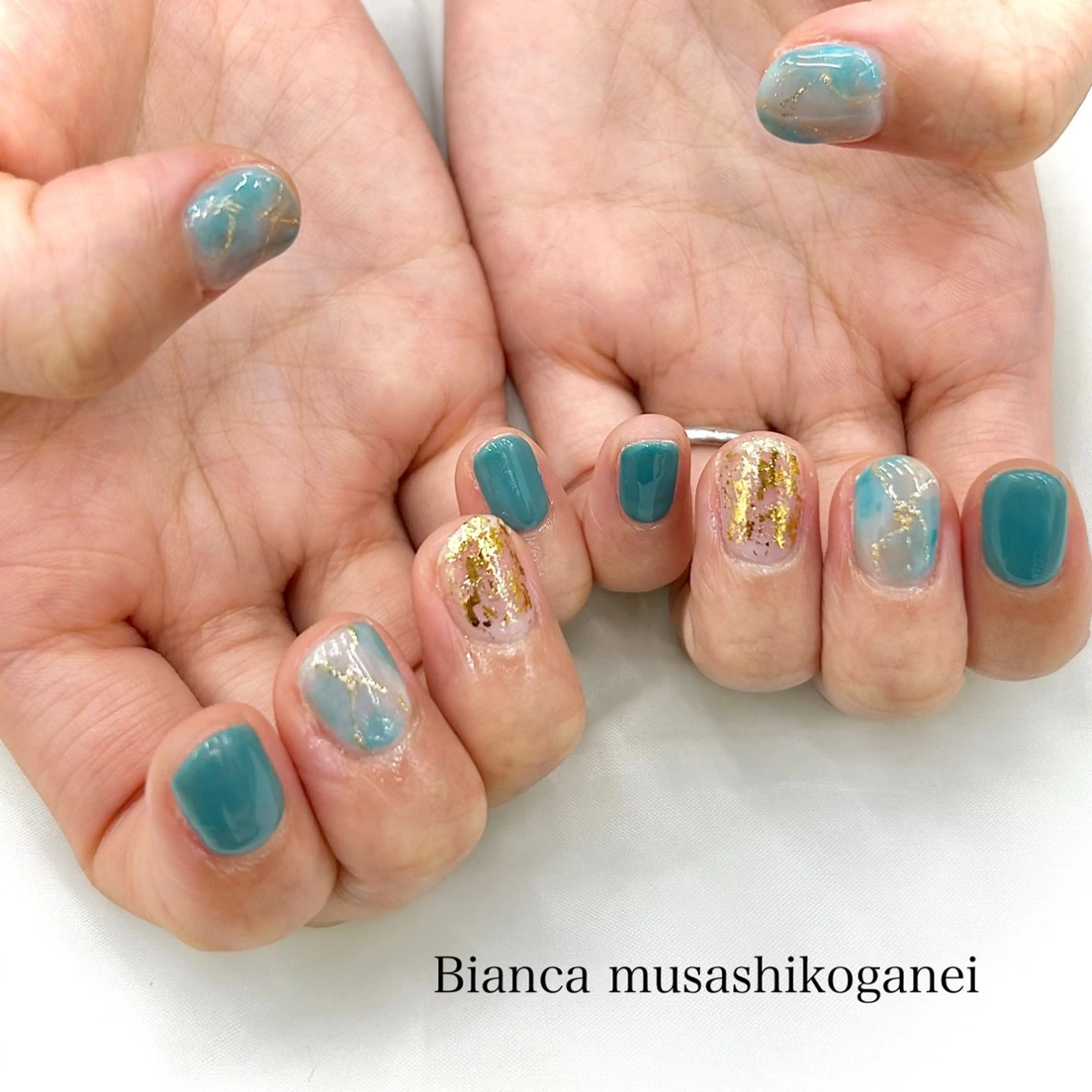 ネイル ブルー ゴールド Bianca 武蔵小金井　ほしののネイルデザイン