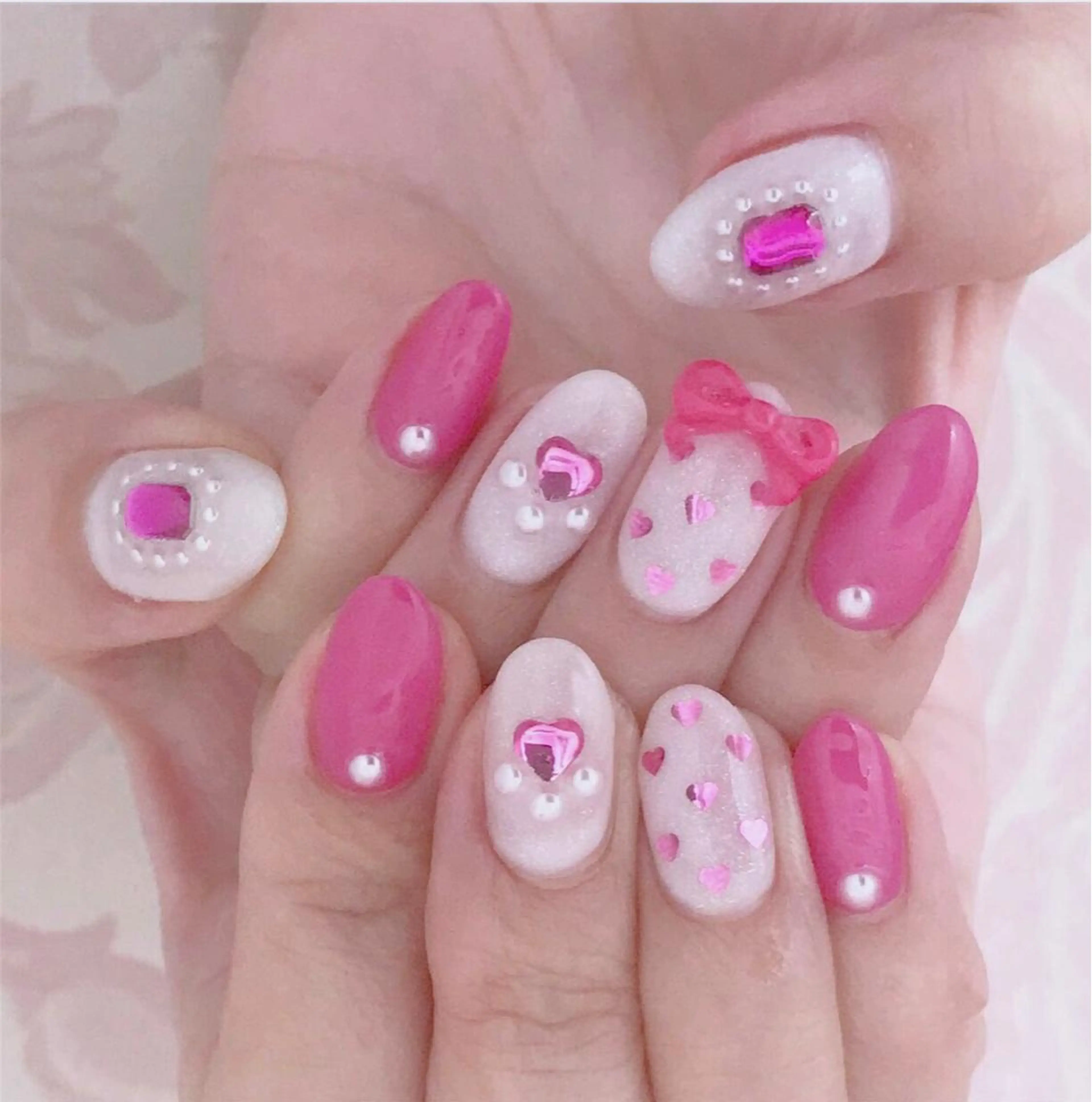 ネイル ガーリー ハート キラキラネイル ピンク リボン ネイリスト CHIAKIのネイルデザイン