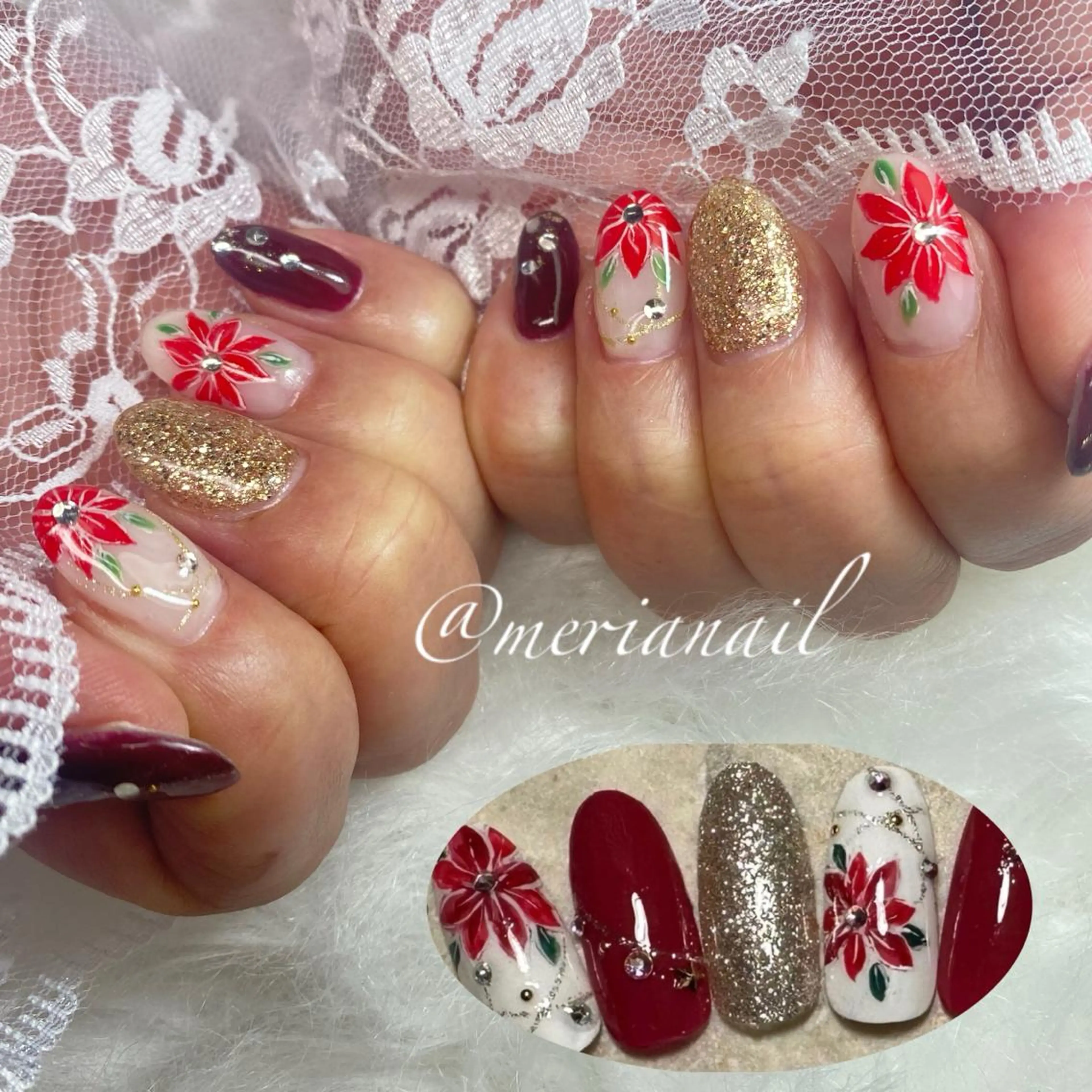 セミロング カラー ネイル アイブロウ クリスマス 持ち込み ニュアンスネイル 冬ネイル クリスマス ハンドネイル INFINITY Sachiのネイルデザイン