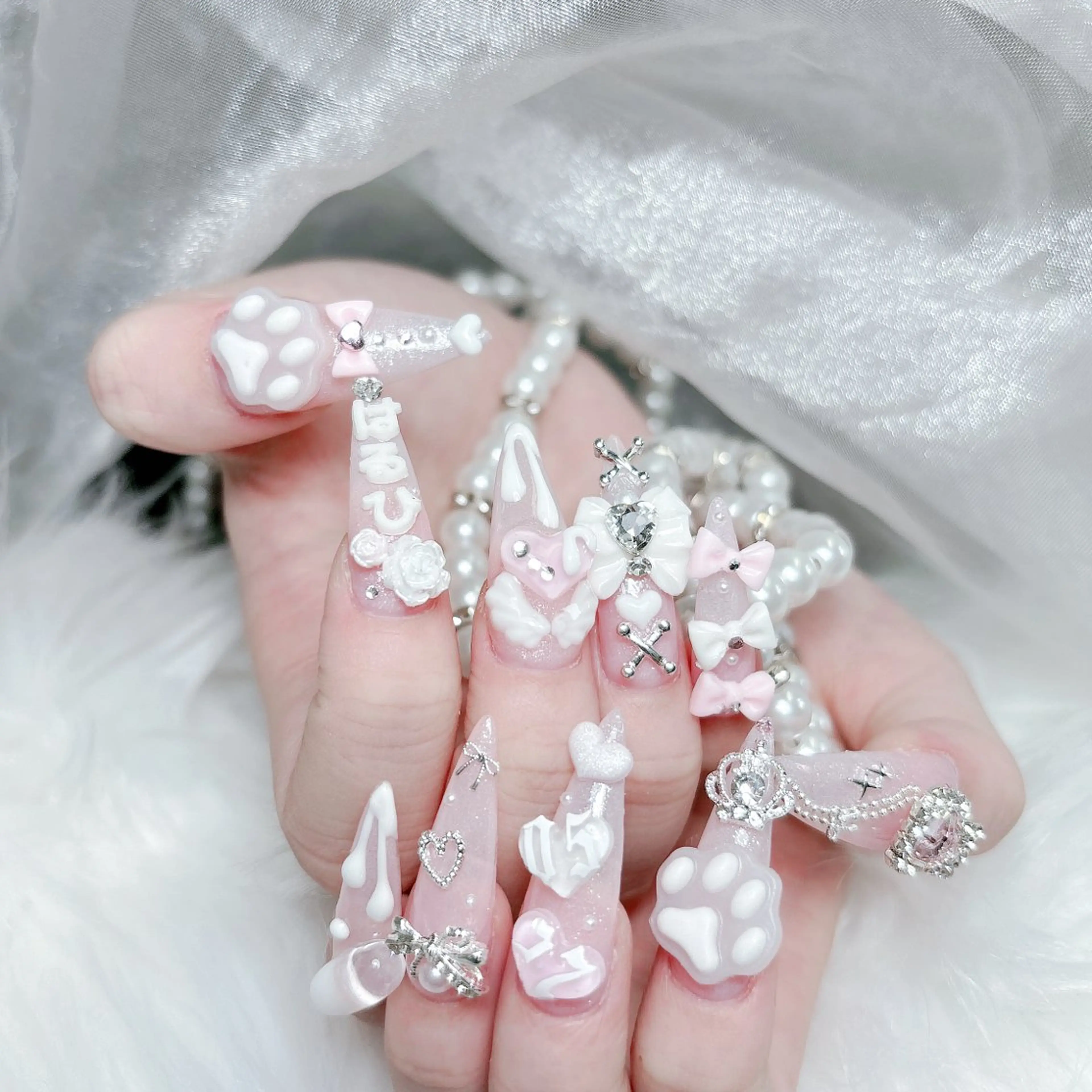 ネイル 成人式 キラキラネイル 大理石ネイル(マーブル) スカルプネイル 夏ネイル ハンドネイル MoMoA Nail ネイル長さ出し専門店のネイルデザイン
