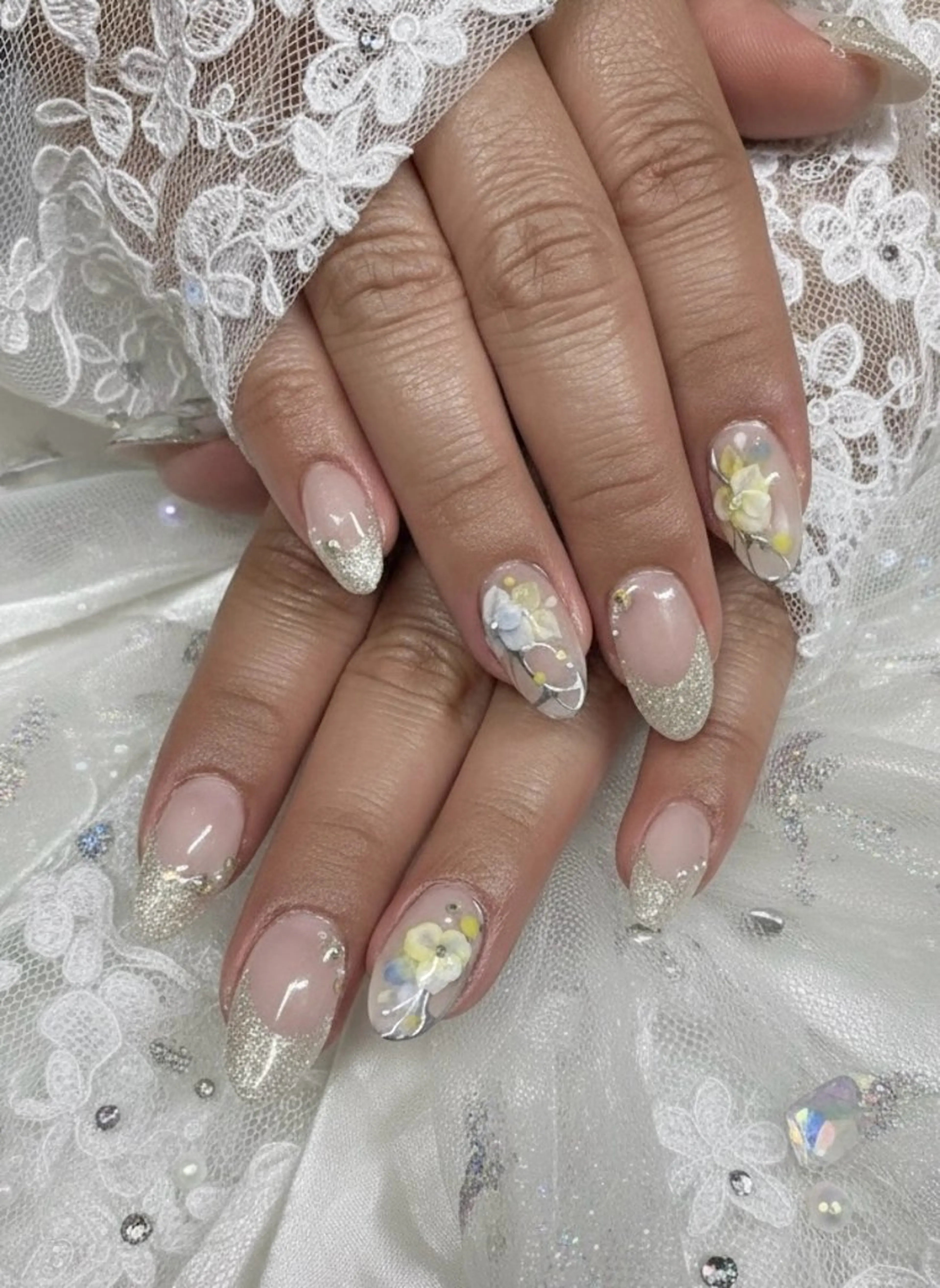 ネイル フラワーネイル フレンチネイル ラメ(グリッター) ピンク ピンクベージュ ハンドネイル TUNEHA堂 (チュネハドウ)のネイルデザイン