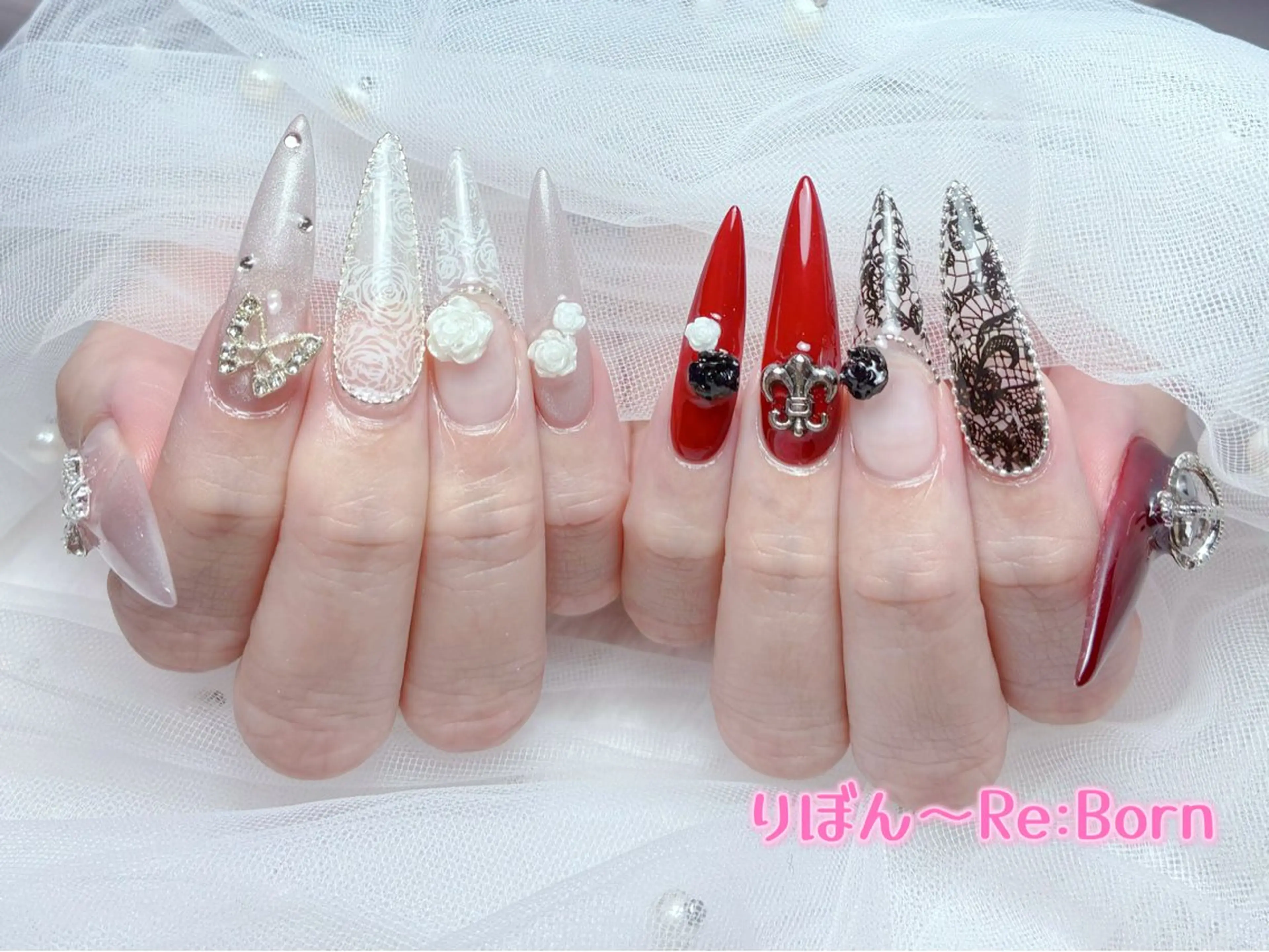 ロング フレンチガーリー クリスマス ハンドネイル りぼん Re:Bonrのネイルデザイン